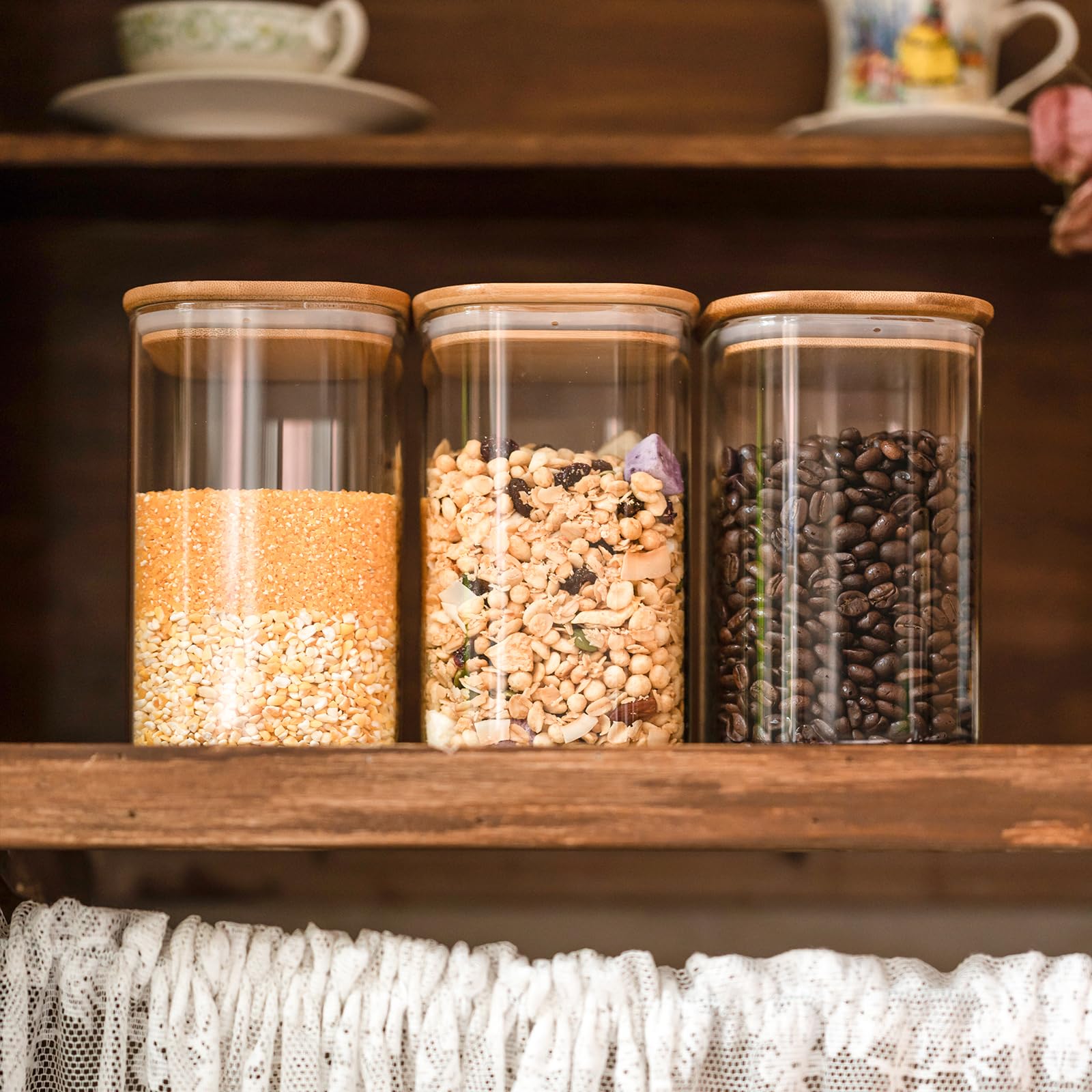 Liuruiyu jars arranged on pantry shelf showing space-saving square design and easy identification