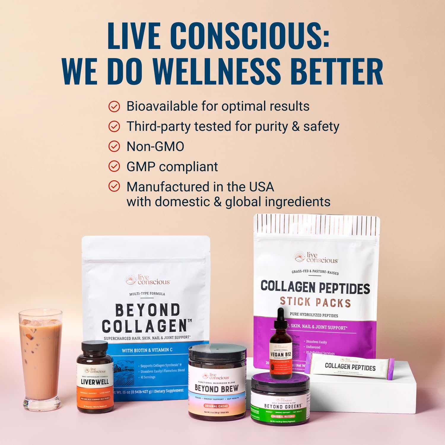 Live Conscious bottle on kitchen counter beside morning cup showing daily routine fit