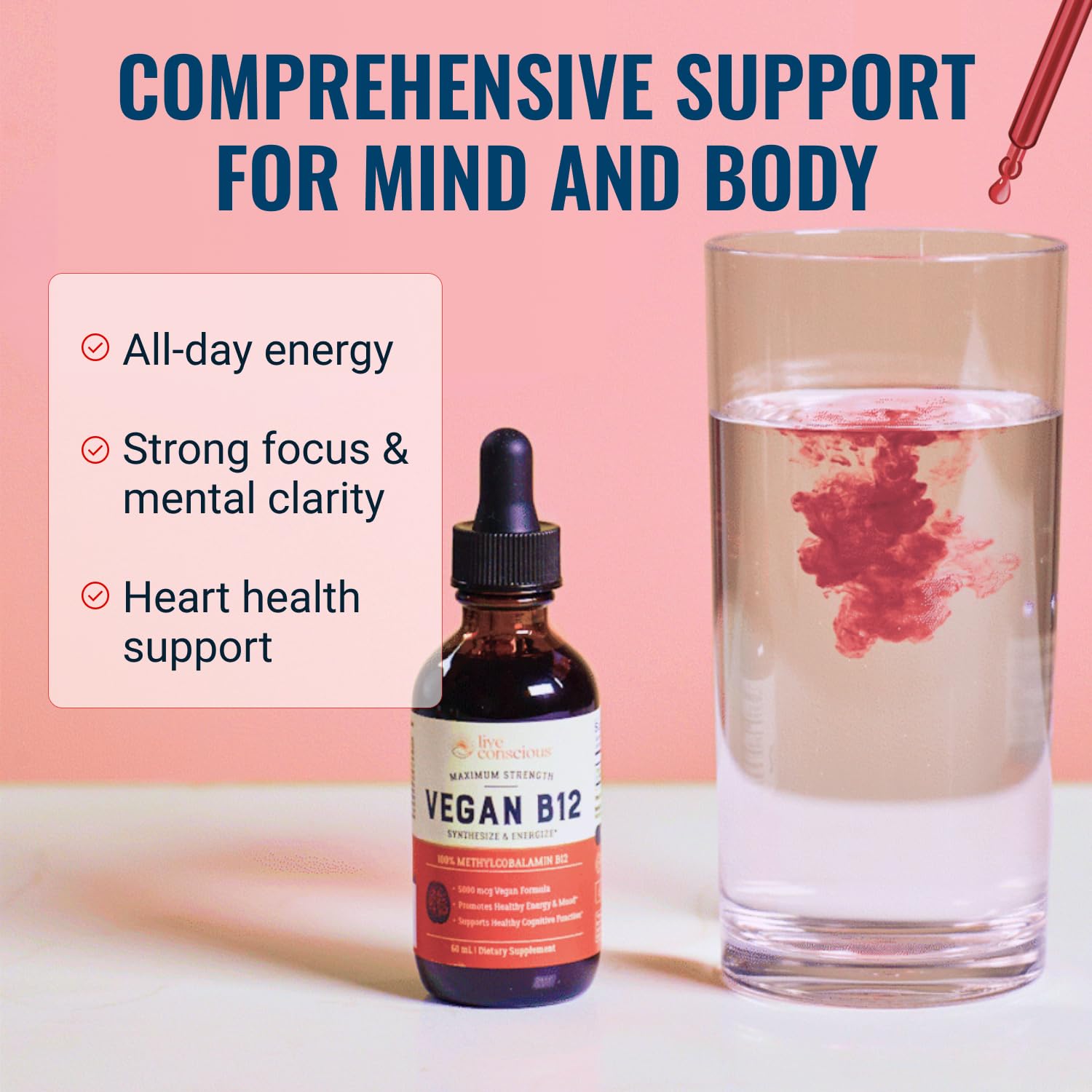 Live Conscious liquid texture in dropper highlighting smooth consistency for fast absorption