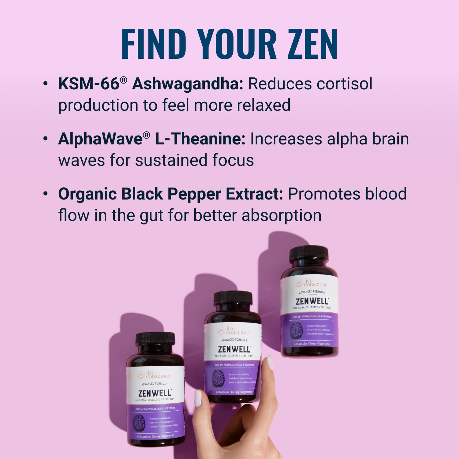 Live Conscious ZenWell bottle open with capsules visible, useful for dosing clarity