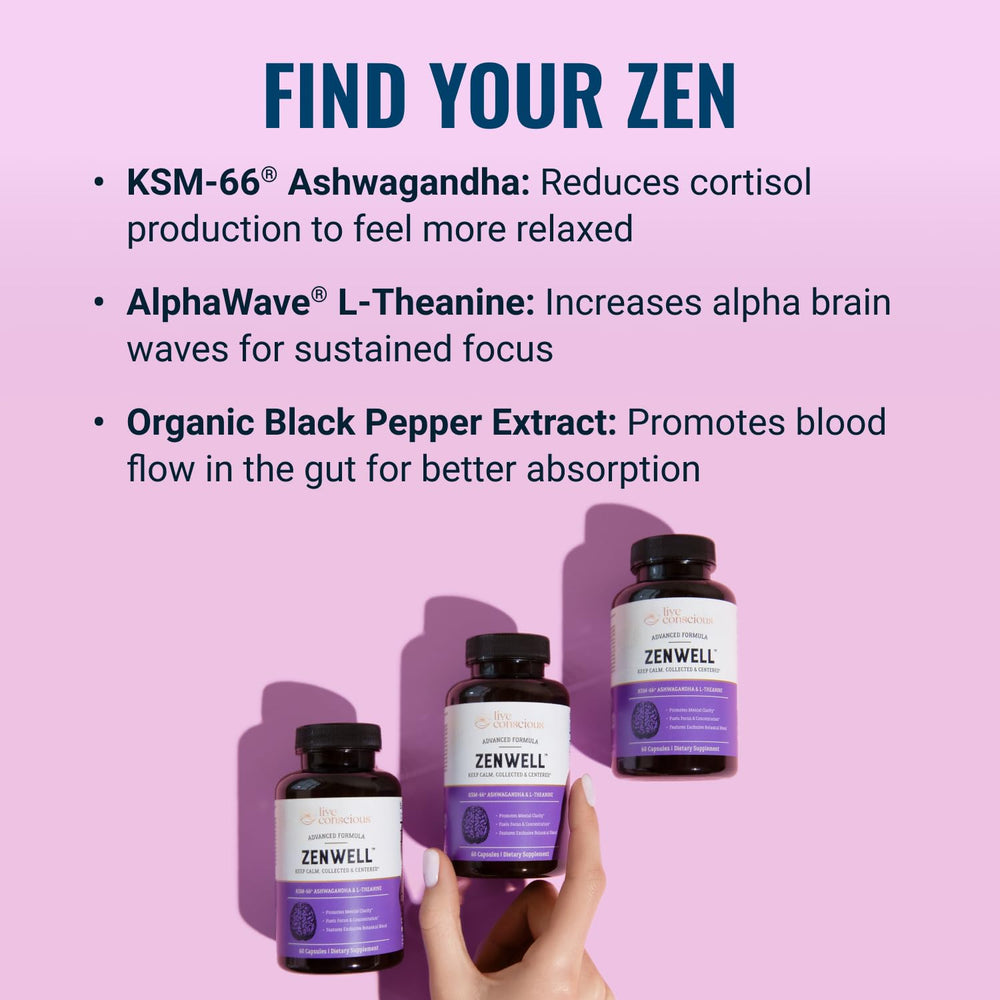 Live Conscious ZenWell bottle open with capsules visible, useful for dosing clarity