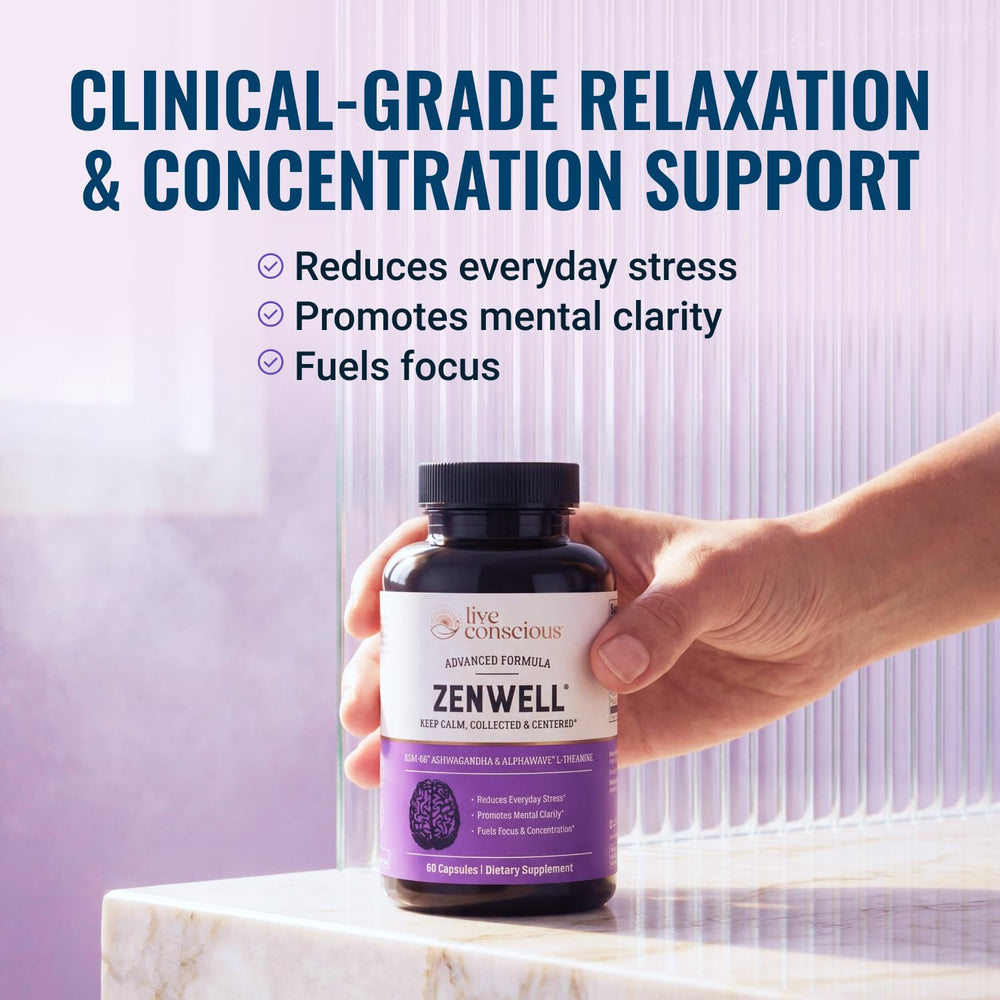 Live Conscious ZenWell label detail highlighting KSM-66 ashwagandha and ingredient transparency