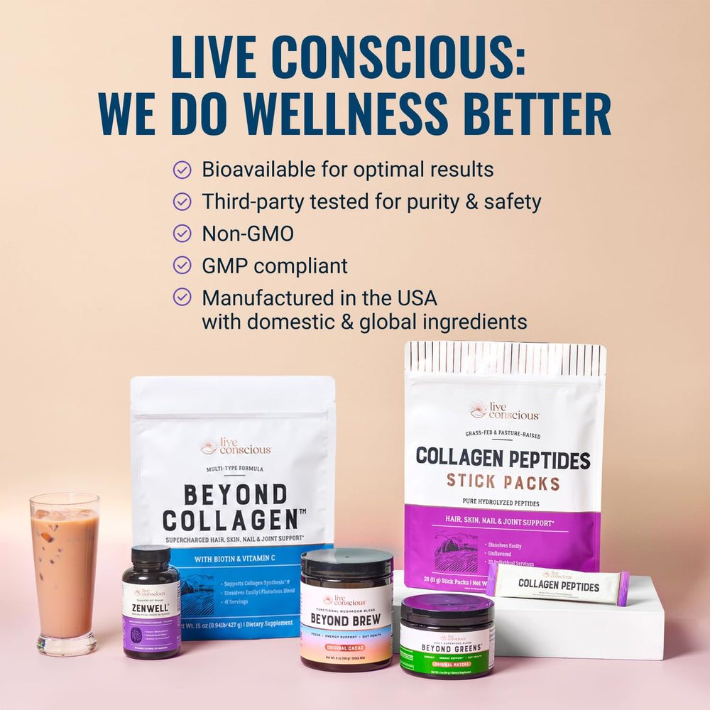 Live Conscious ZenWell with ashwagandha root to emphasize botanical sourcing and natural benefit