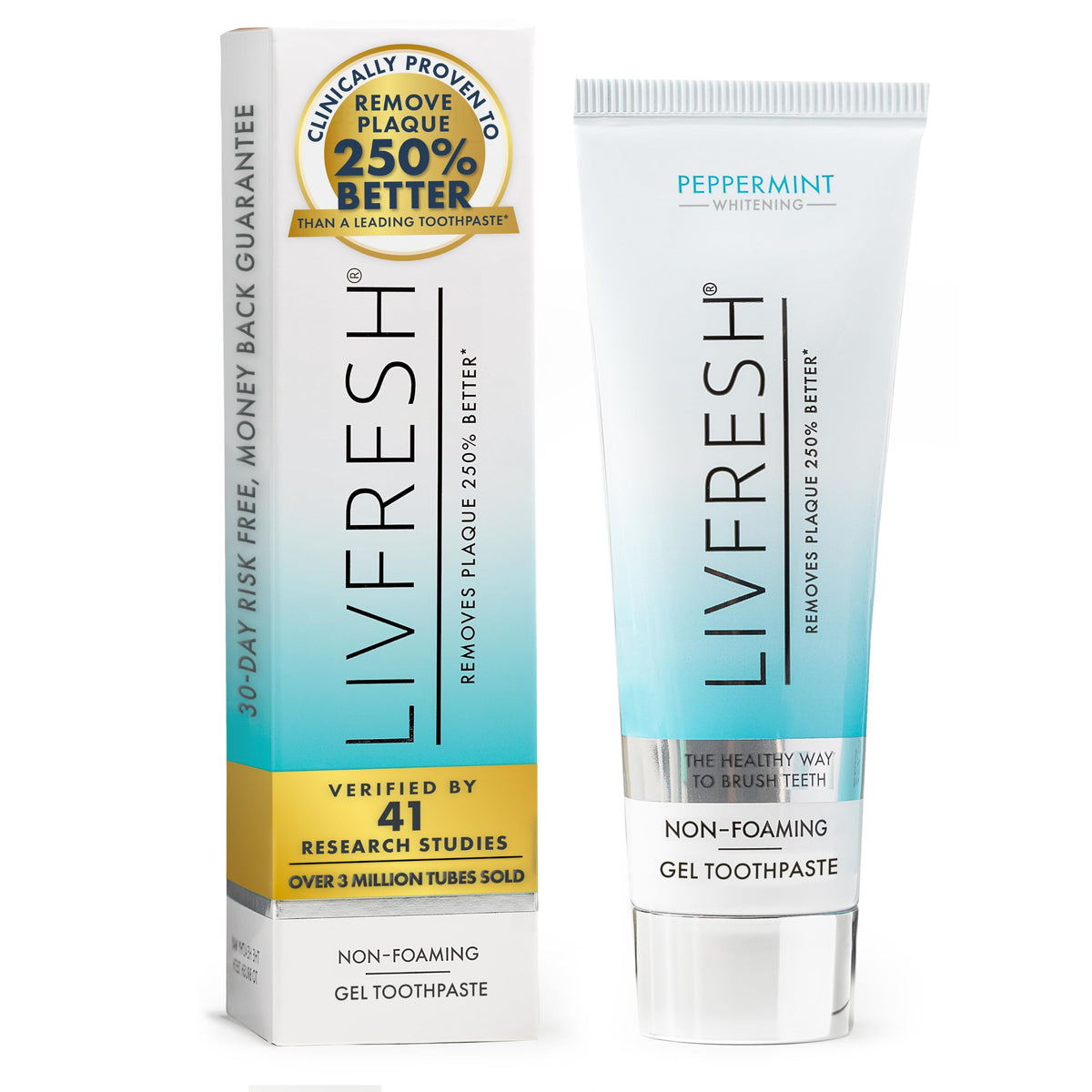 LIVFRESH front packaging showing peppermint gel and clinical claims for confident purchase