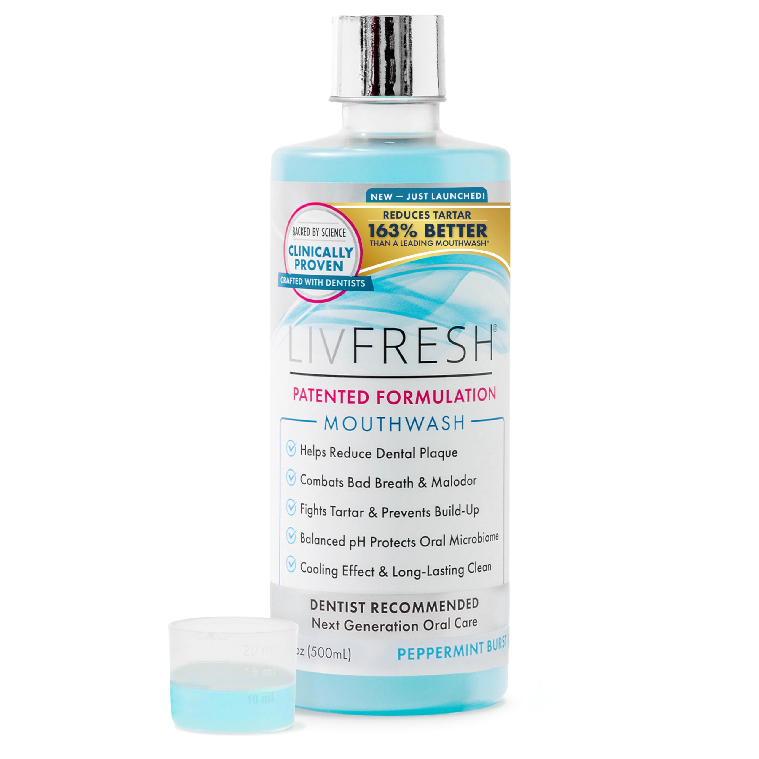 LIVFRESH front bottle showing peppermint burst and clinical claim benefits