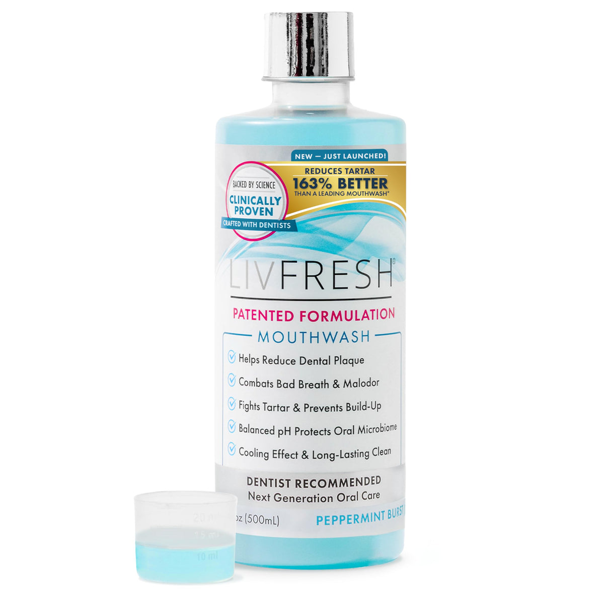 LIVFRESH front bottle showing peppermint burst and clinical claim benefits