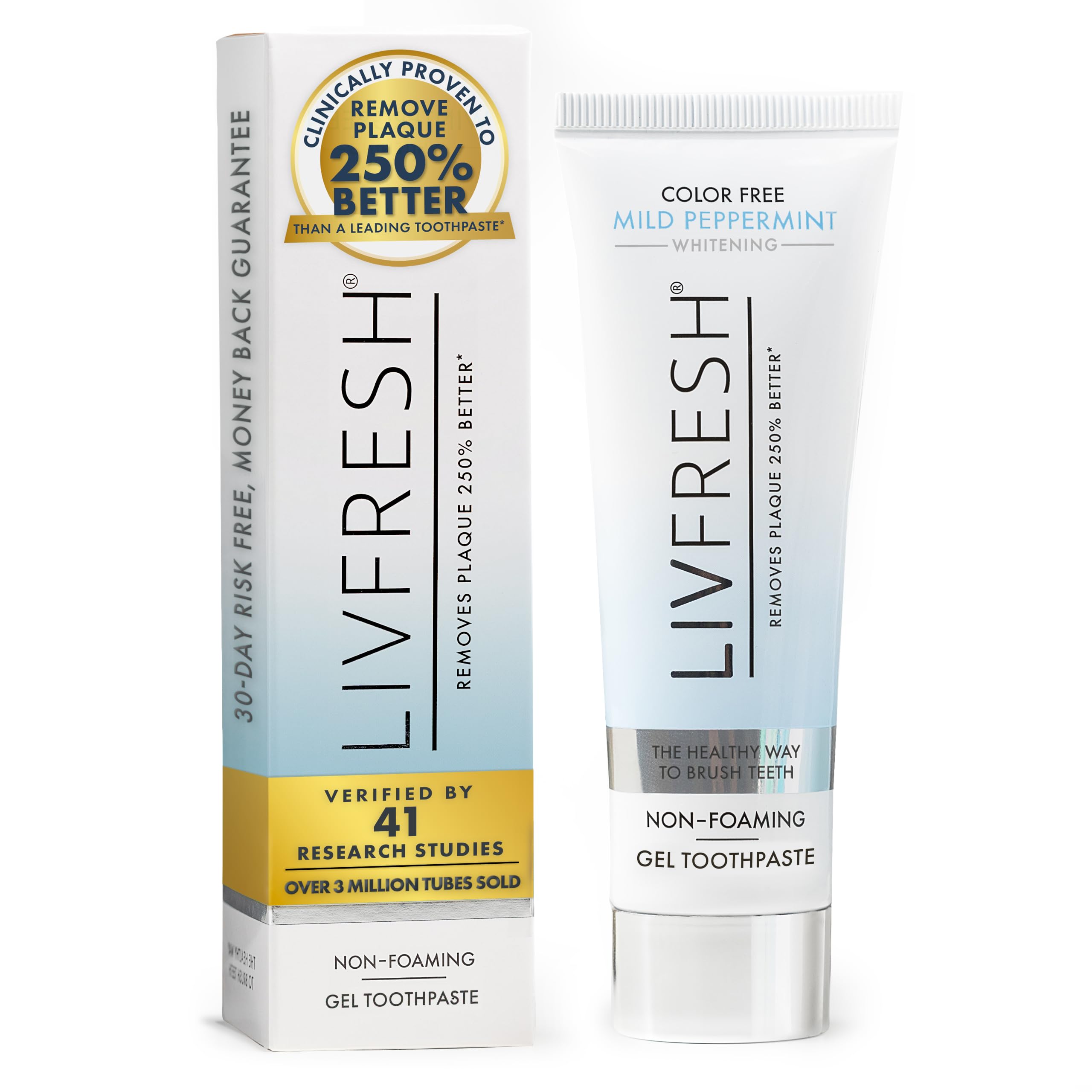 LIVFRESH front packaging showing gel tube and benefits for cleaner teeth