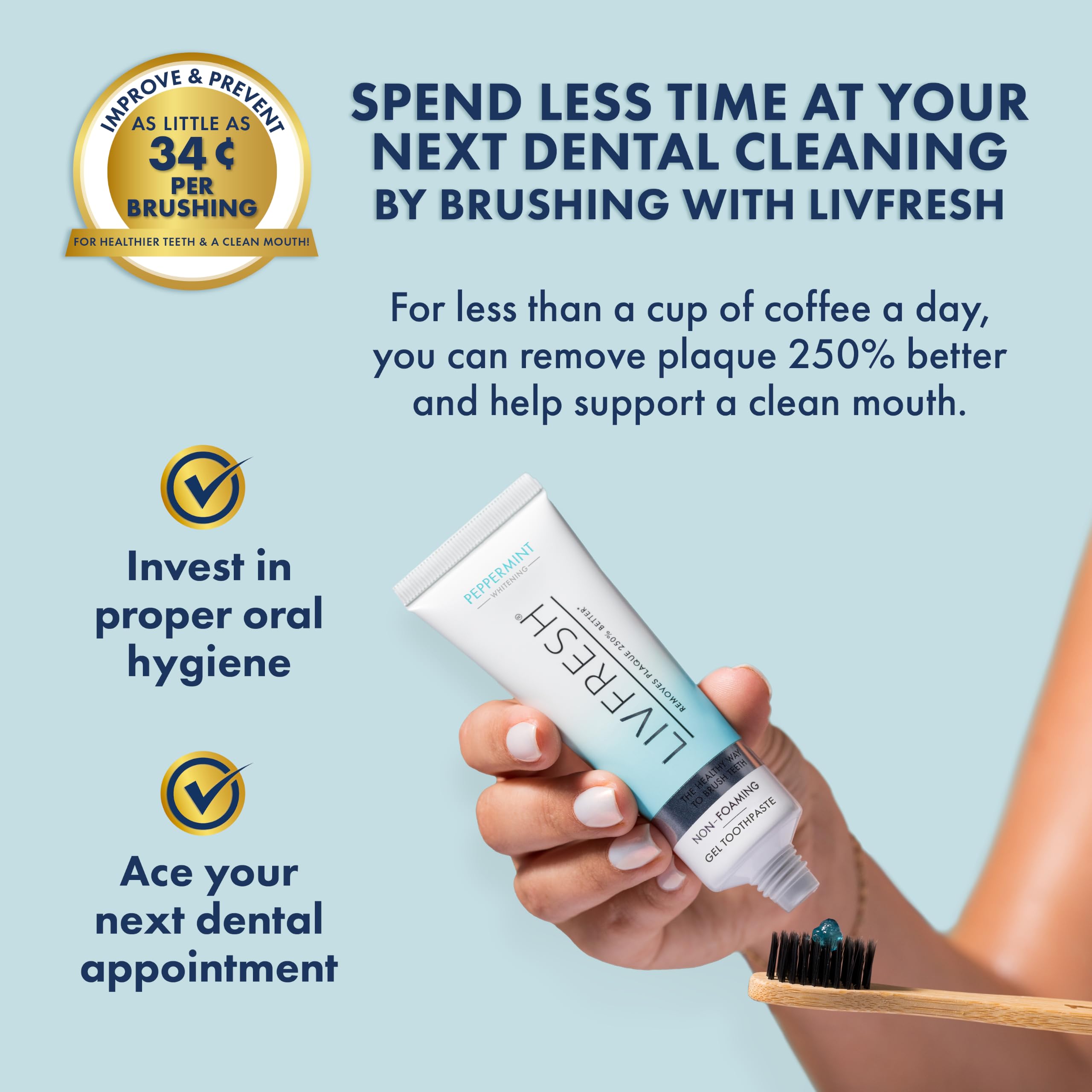 LIVFRESH next to a coin for scale showing recommended pea-sized amount per brush to reduce waste