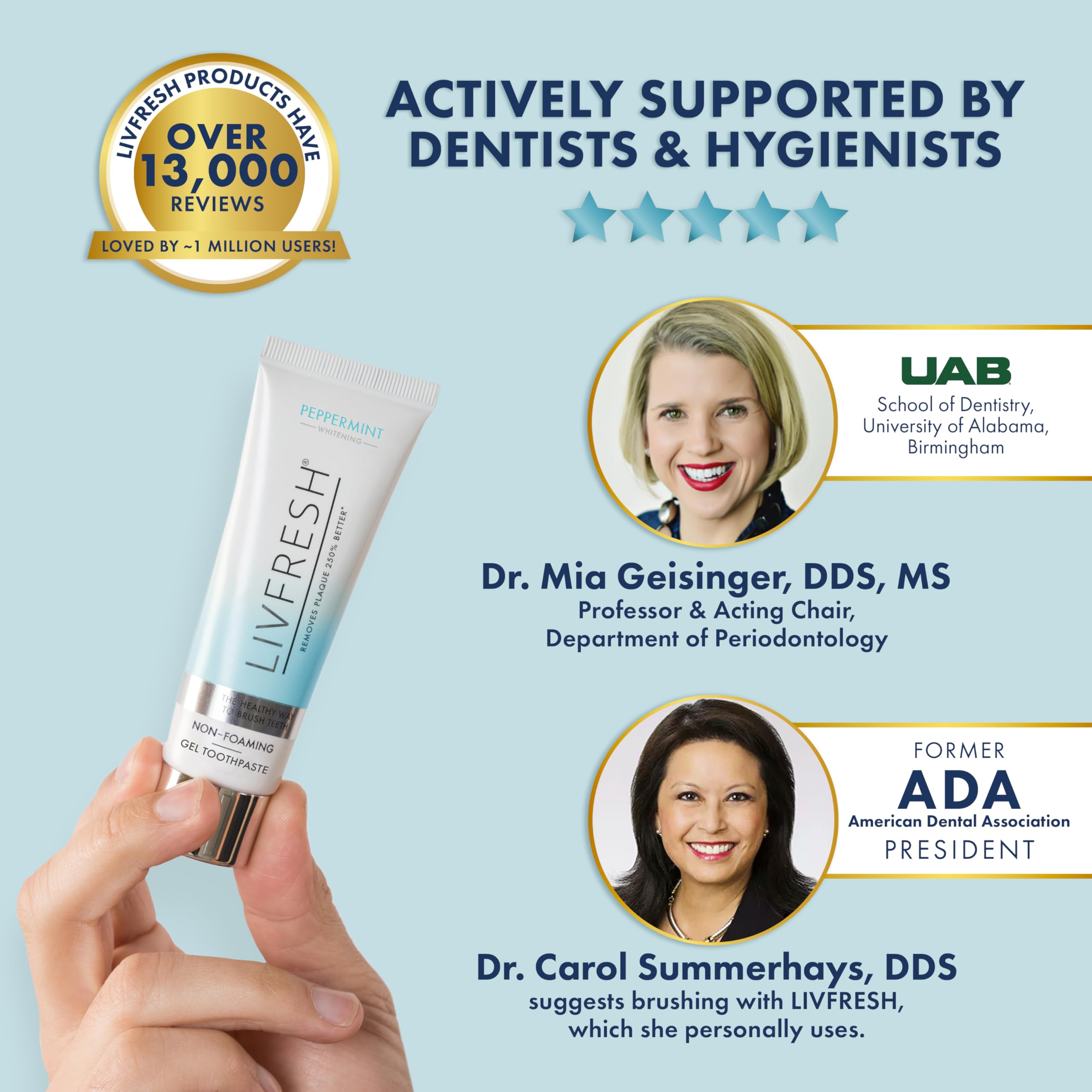 person brushing with LIVFRESH peppermint gel illustrating fresher breath and superior plaque removal