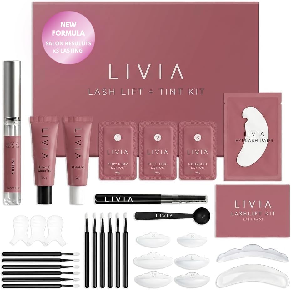 LIVIA front packaging and full kit spread showing easy at-home salon results