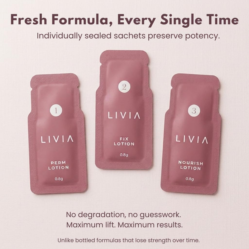 LIVIA sealed single-use sachet close-up preserving fresh formula for reliable lifts