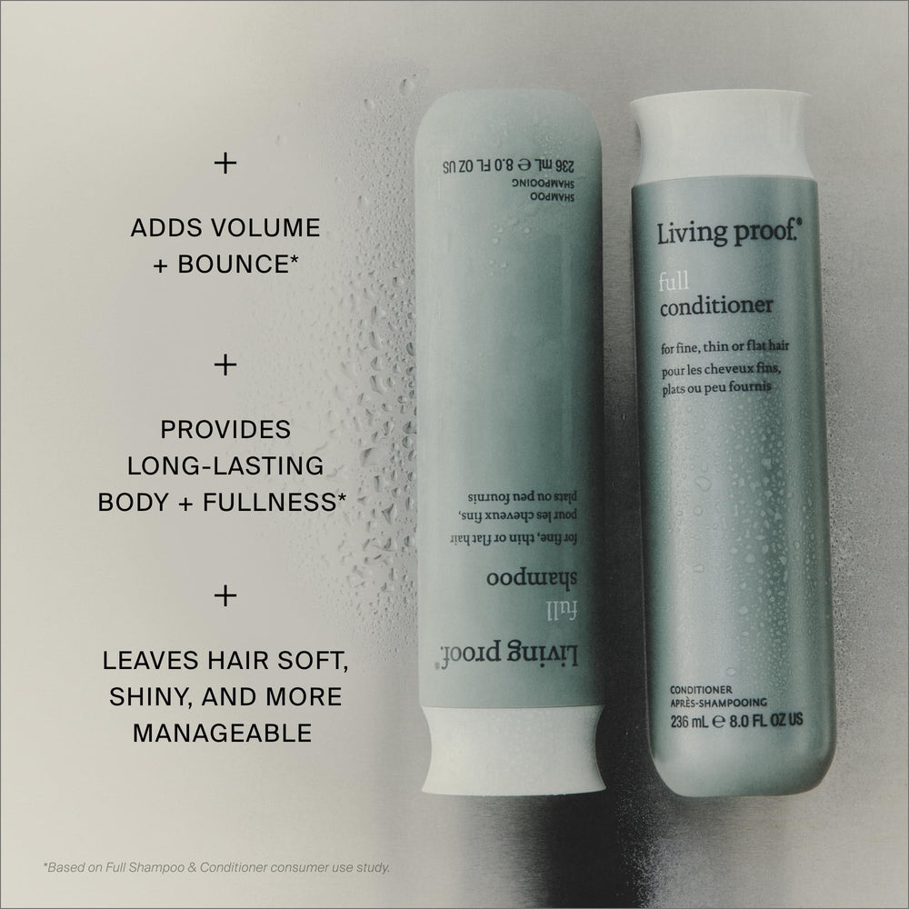 Living Proof conditioner on bathroom shelf with towels, suggests organized routine benefit