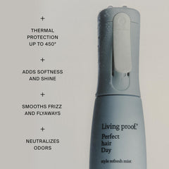 Living Proof spray in hand illustrating easy application and quick on-the-go styling benefit