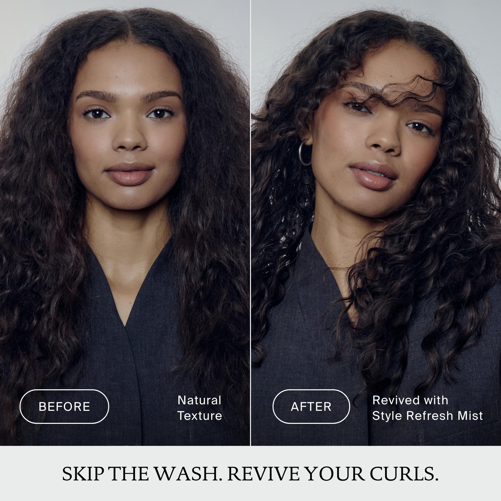 Living Proof applied to curly hair showing restored bounce and reduced frizz for defined curls