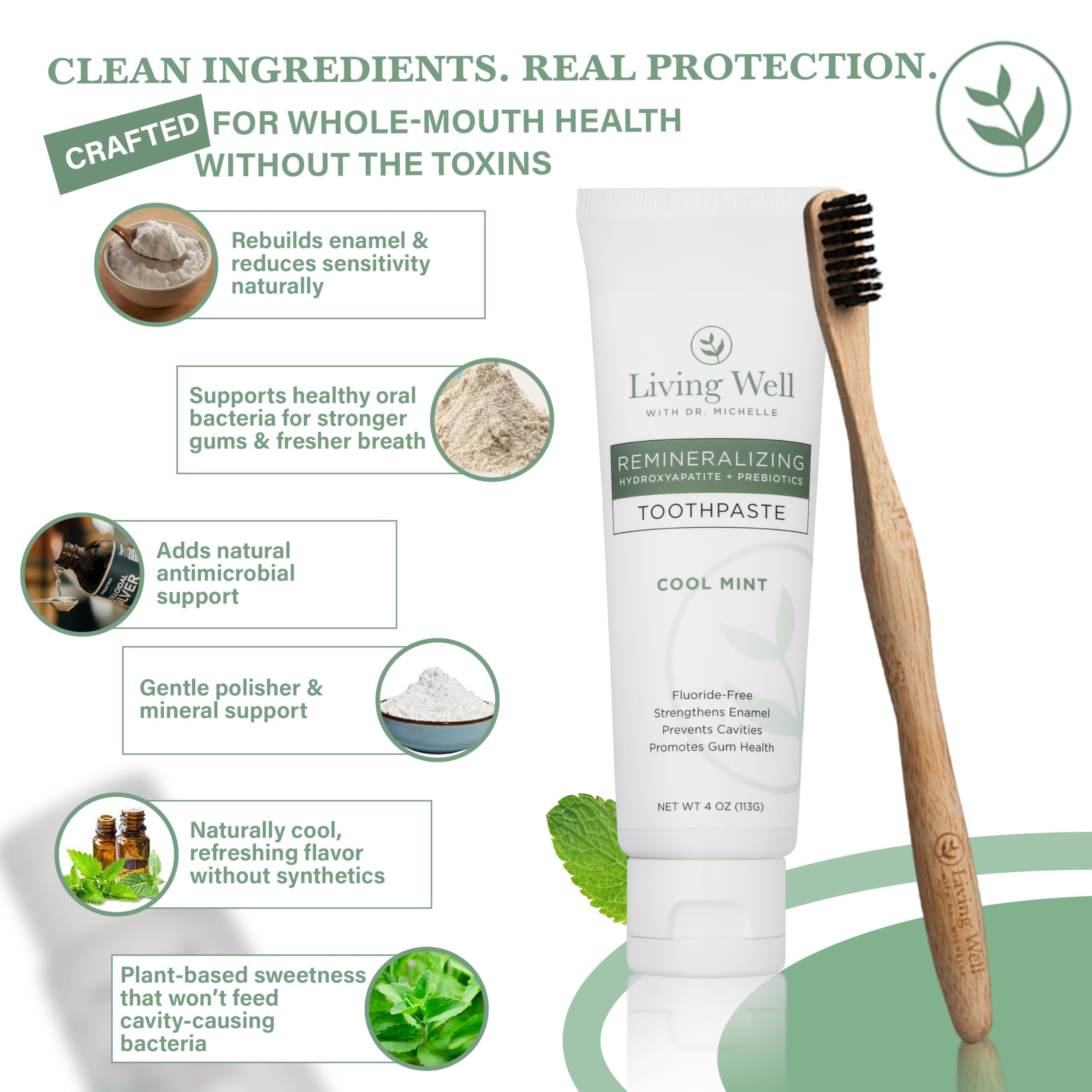 Living Well with Dr. Michelle ingredient list detail highlighting hydroxyapatite and PROtektin for enamel support