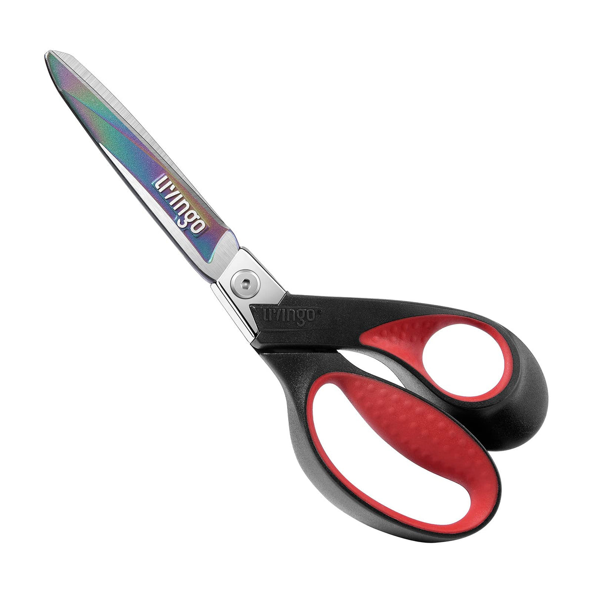 LIVINGO front packaging showing red black 9-inch scissors, clear benefit of durability