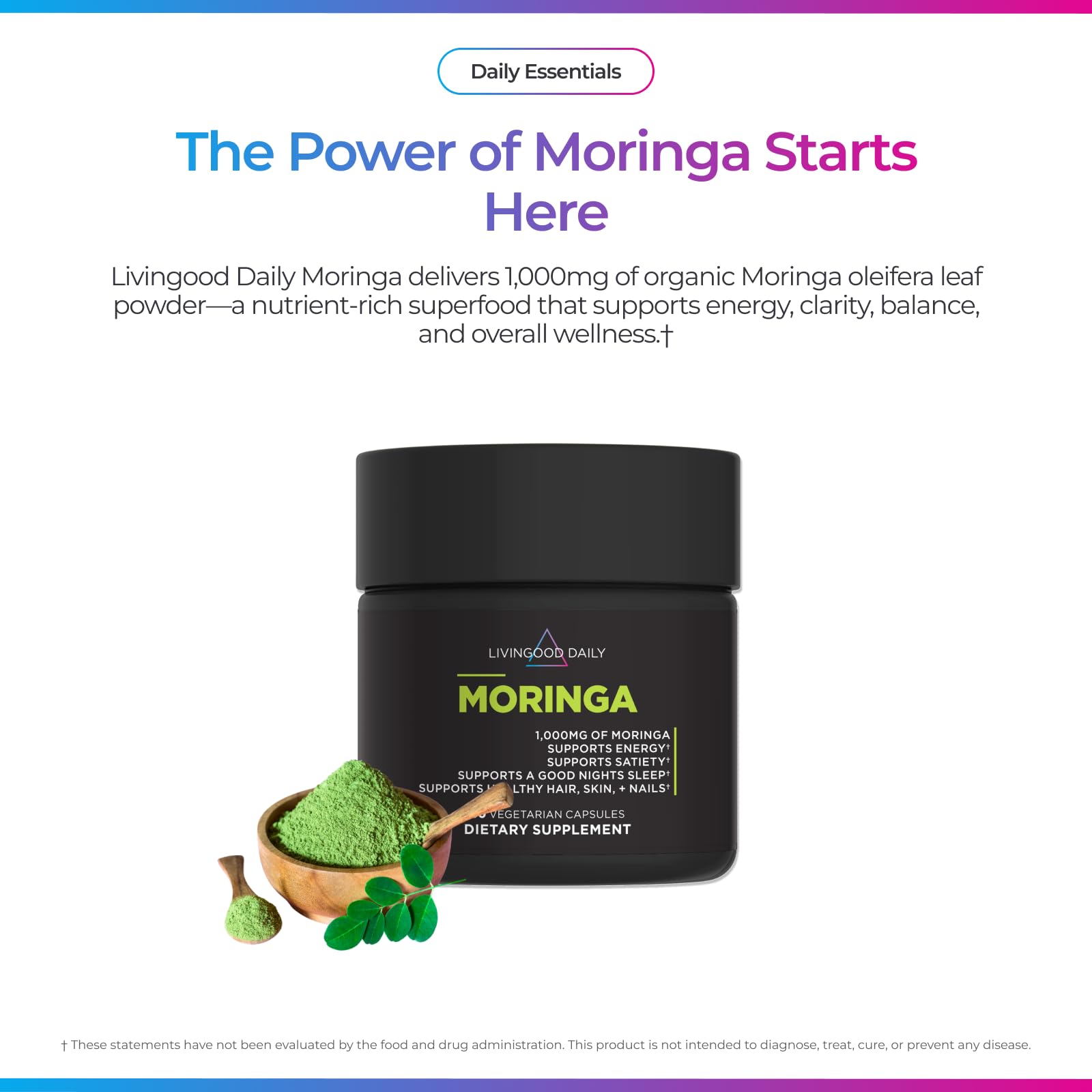 Livingood Daily moringa powder texture close-up showing fine green powder and natural purity
