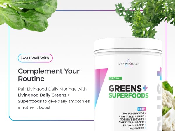 Livingood Daily vegan and non-GMO badges emphasizing clean plant-based formulation benefit