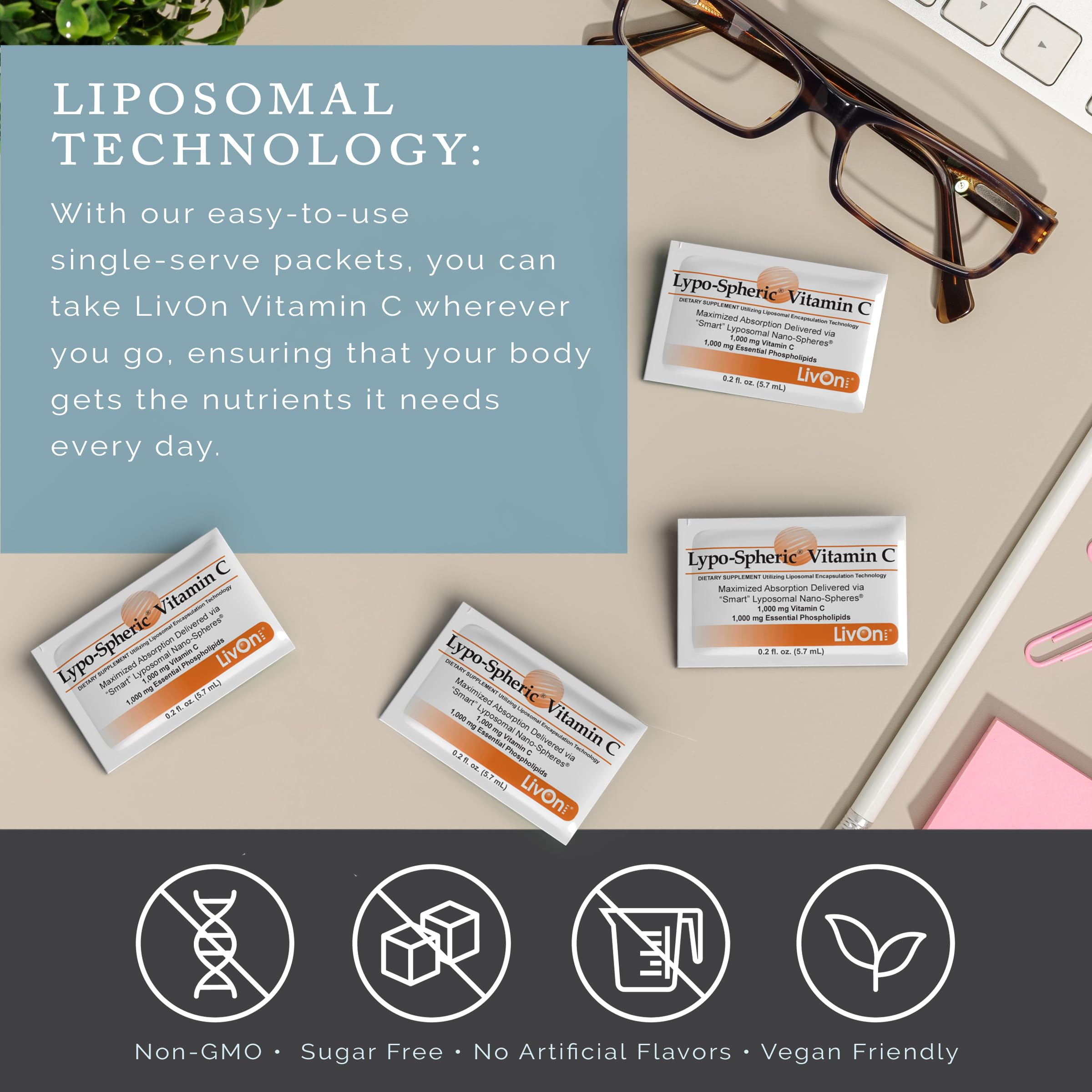 LivOn Laboratories packet beside breakfast items illustrating portability and daily routine support