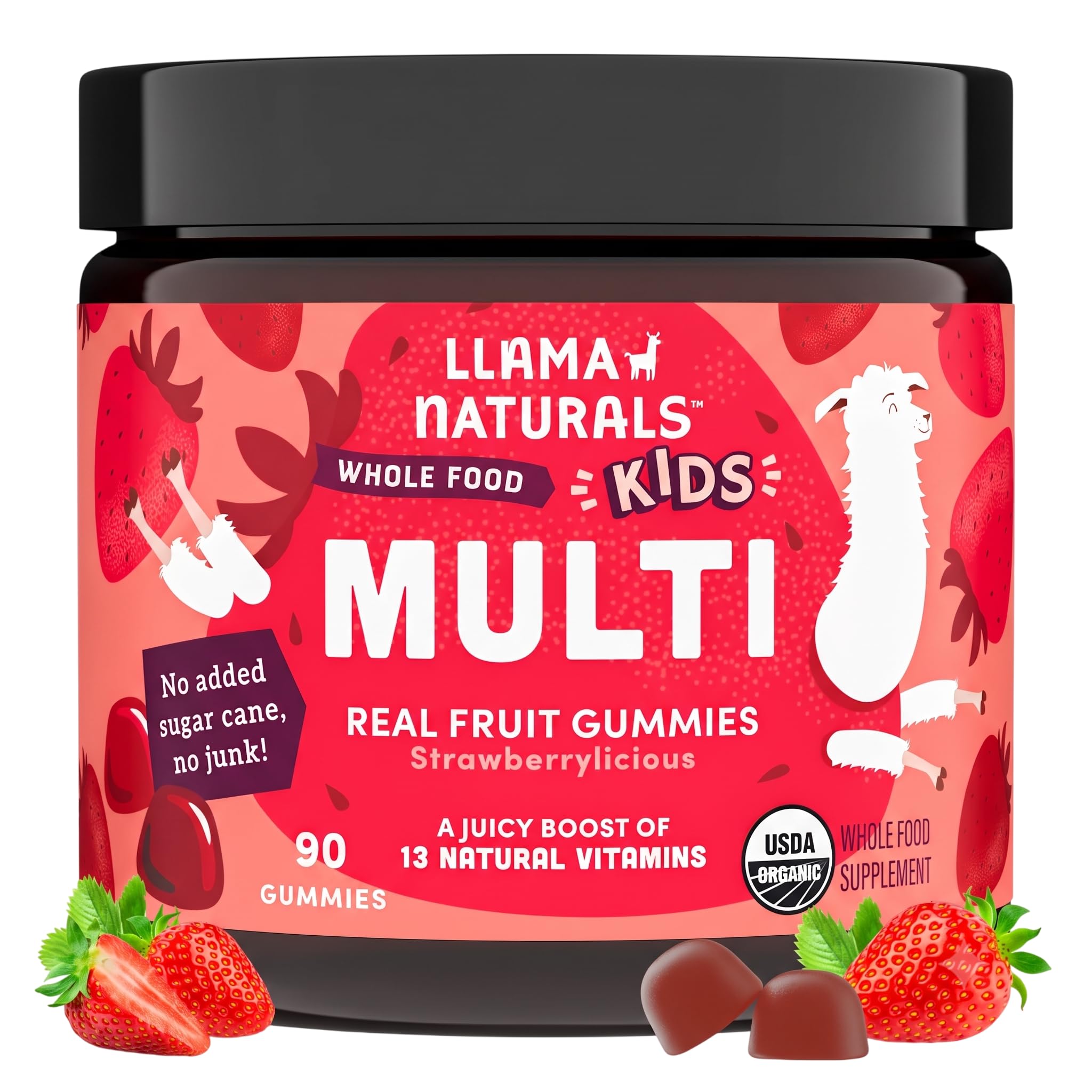 Llama Naturals front packaging showcasing organic strawberry gummy benefits