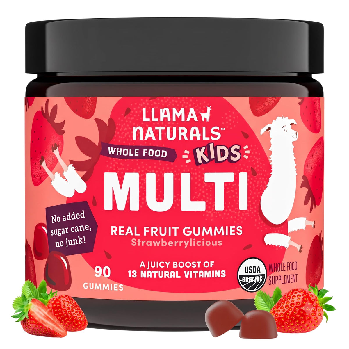 Llama Naturals front packaging showcasing organic strawberry gummy benefits