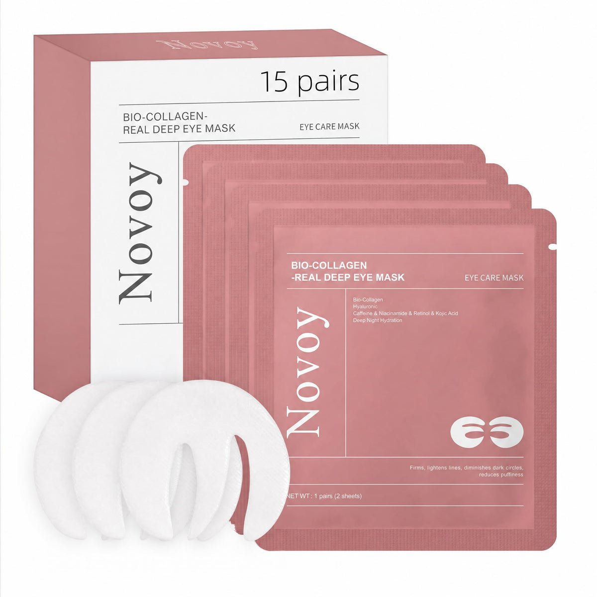 LLVYUO Novoy front packaging showing rose eye patch box and benefits