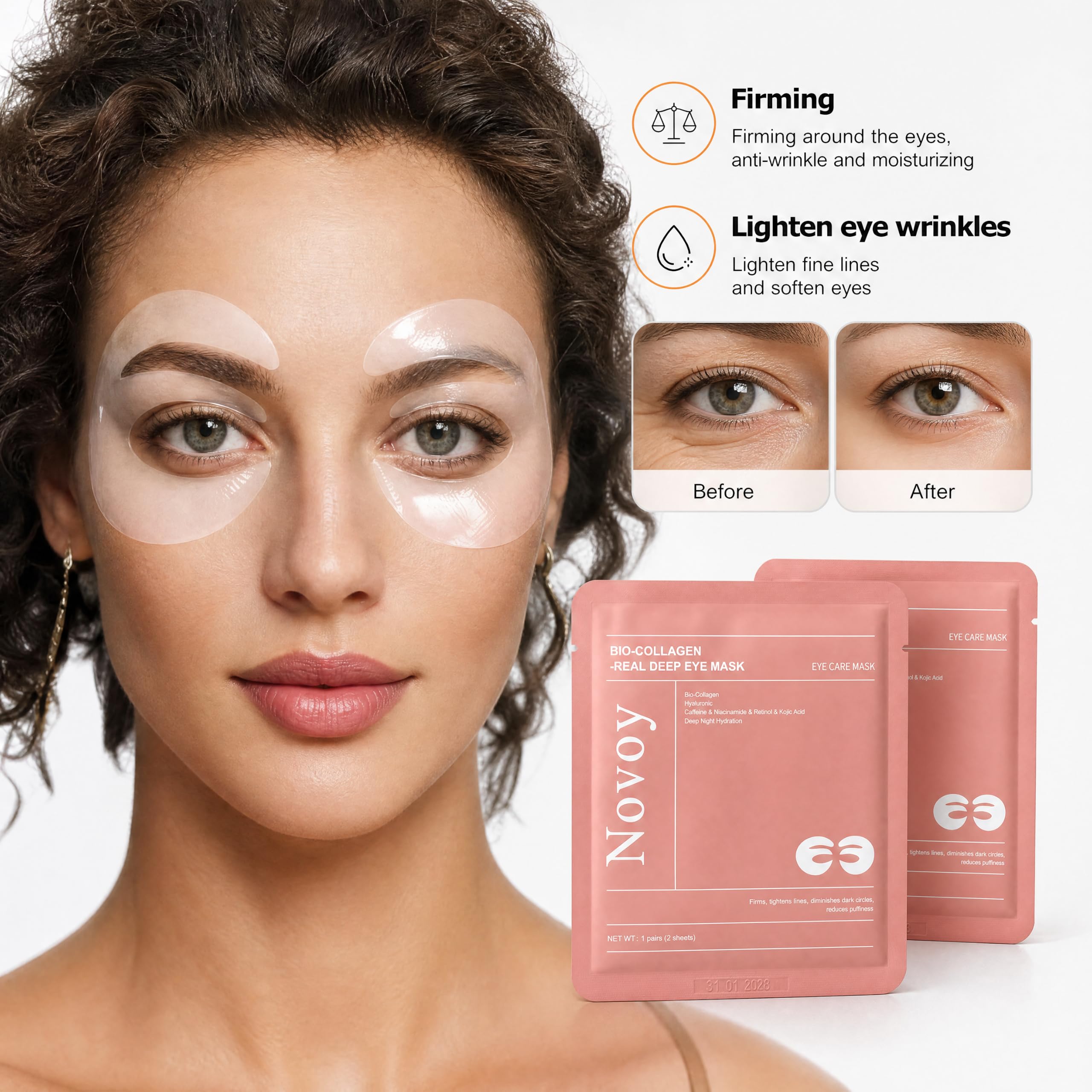 LLVYUO Novoy patches applied on model demonstrating full under-eye coverage