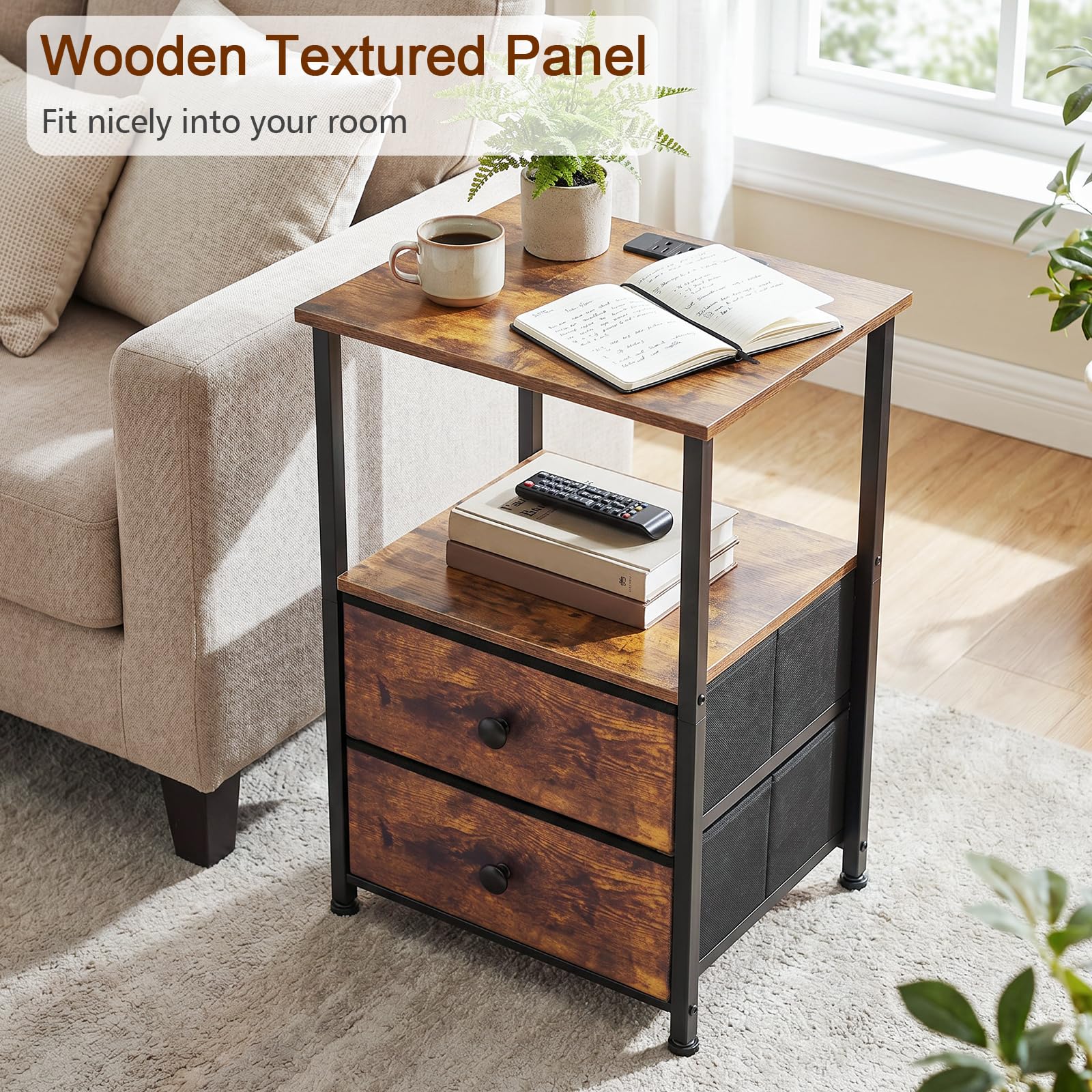 LOAKEKEL nightstand in a dorm-room lifestyle setting to illustrate small-space usefulness