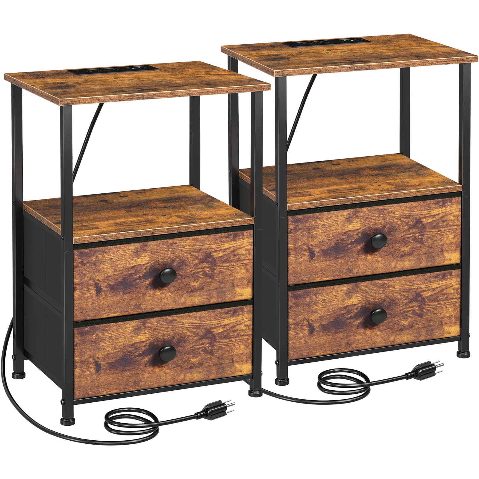 LOAKEKEL front view of both nightstands showing organized storage and charging convenience