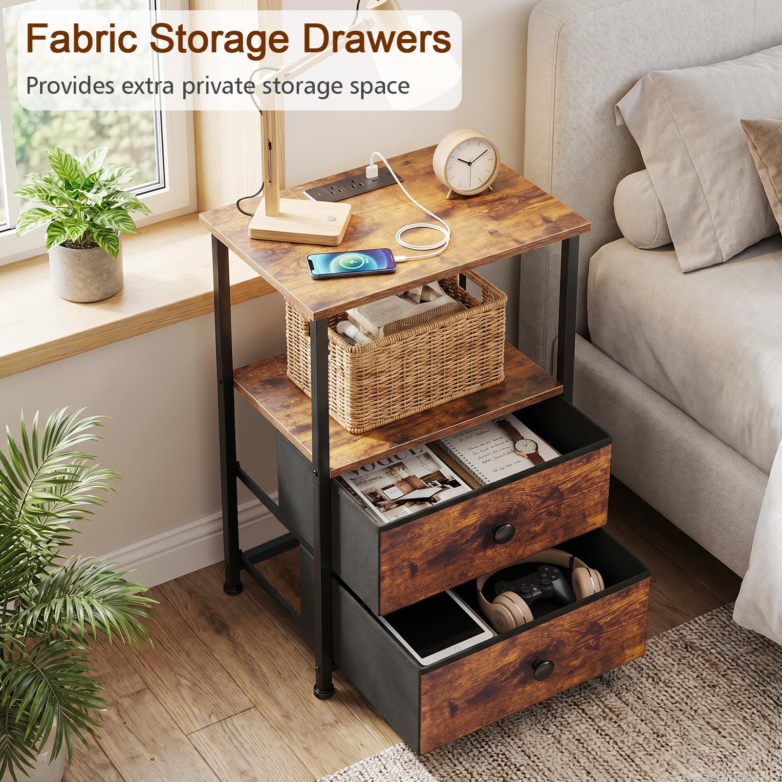 LOAKEKEL side view demonstrating metal frame stability and sturdy shelf support