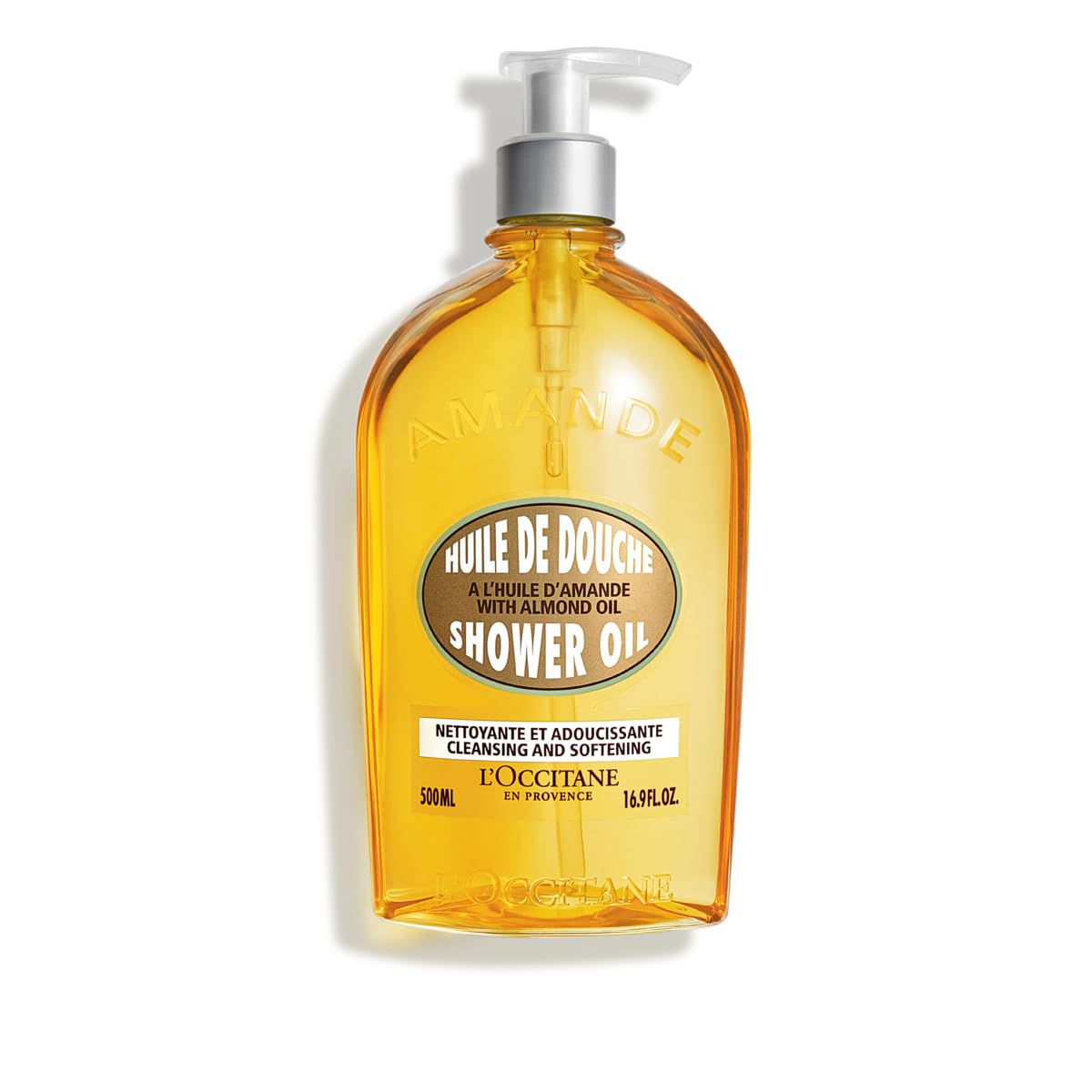 L'OCCITANE front bottle view showing almond shower oil benefit of soft skin