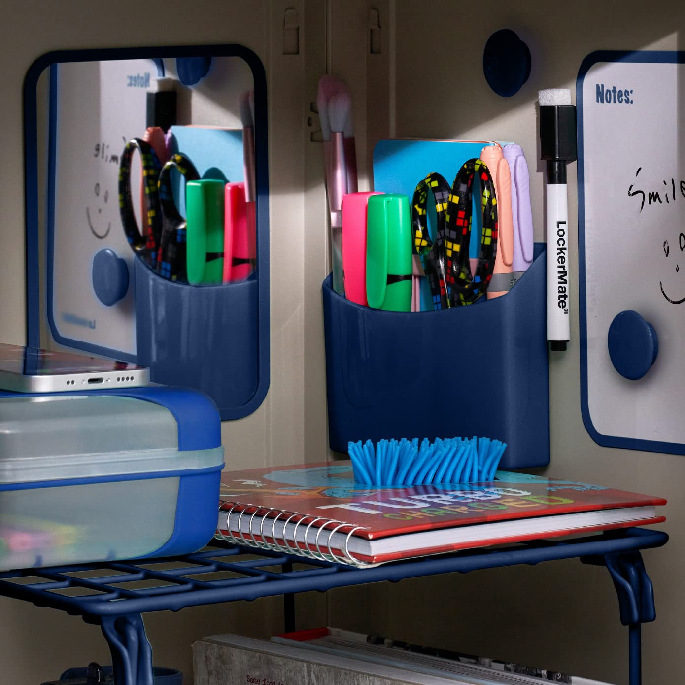 LockerMate fully assembled locker kit in use organizing books, clothes and school supplies