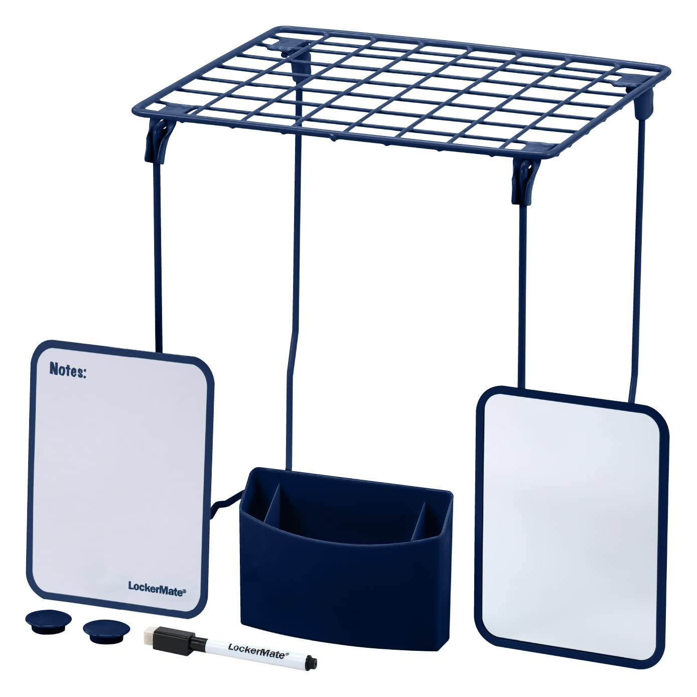 LockerMate front packaging showing blue 7-piece kit and contents for organized lockers