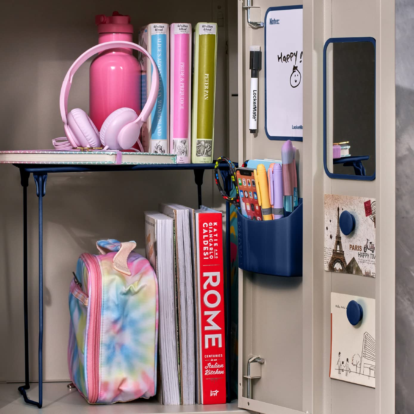 LockerMate shelf beside backpack showing scale and increased usable locker space