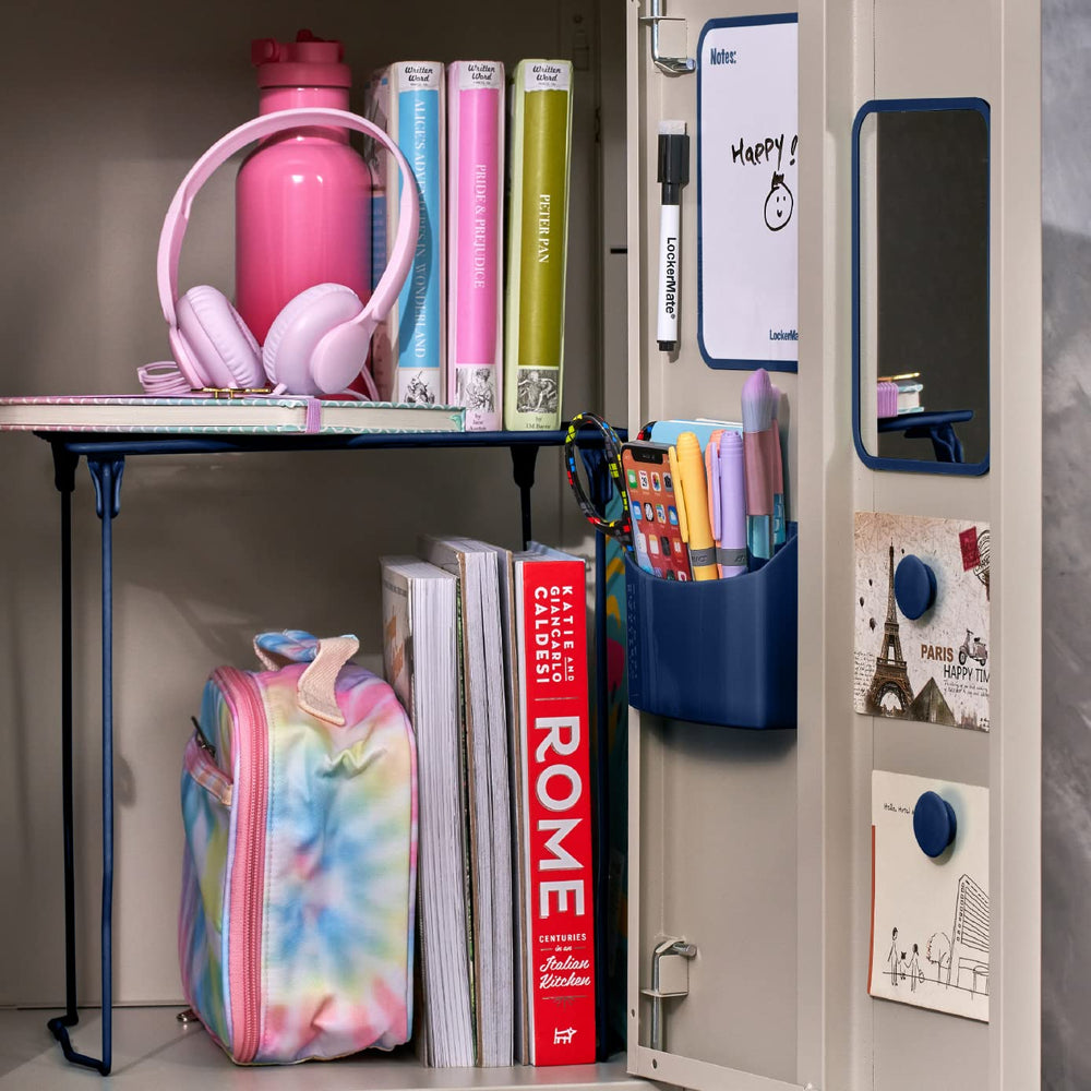 LockerMate shelf beside backpack showing scale and increased usable locker space