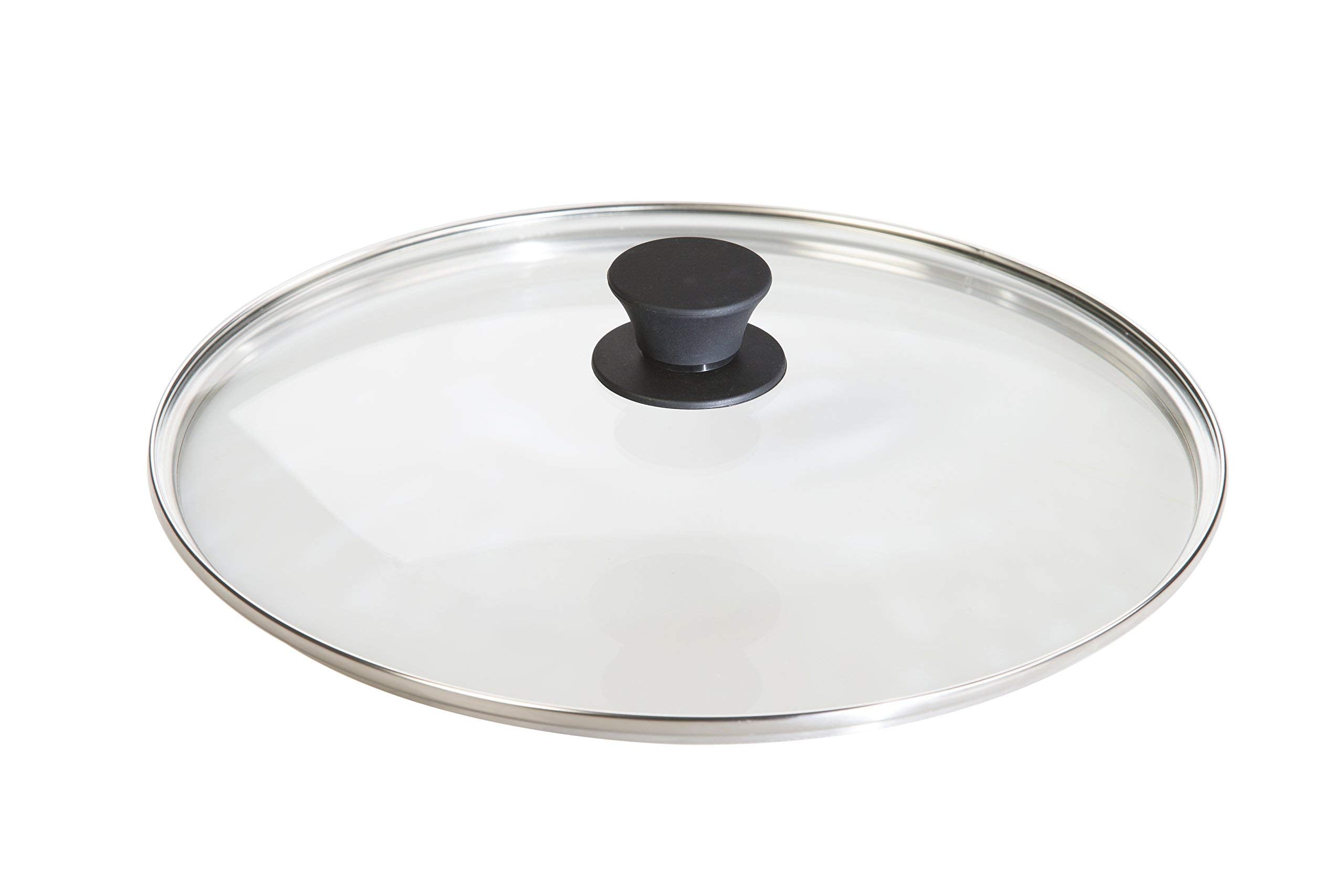 Lodge 12-inch glass lid front view showing full coverage and sealing benefit