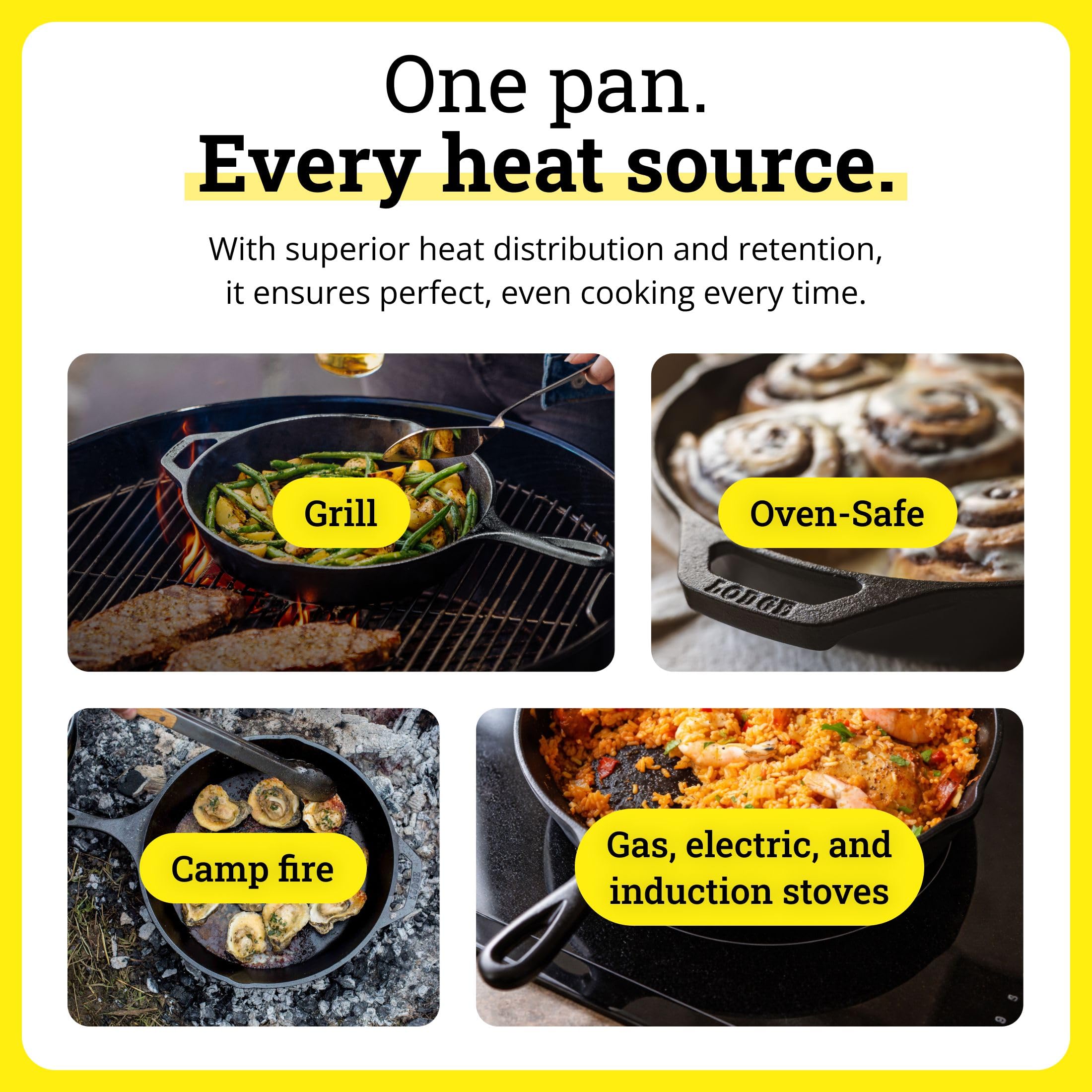 Lodge skillet over campfire illustrating durable outdoor cooking benefit
