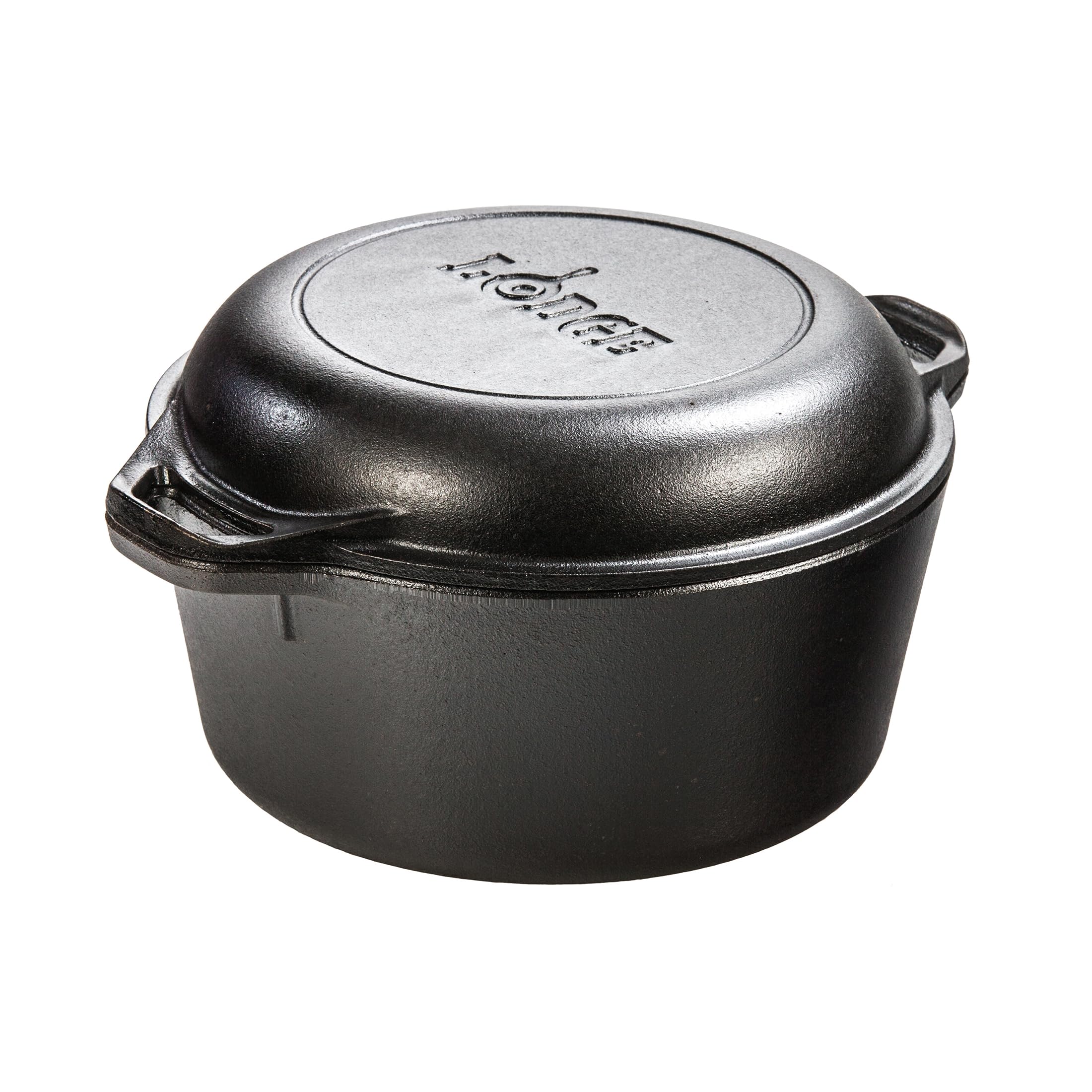 Lodge front view of 5-quart double dutch oven showing durable design and versatility