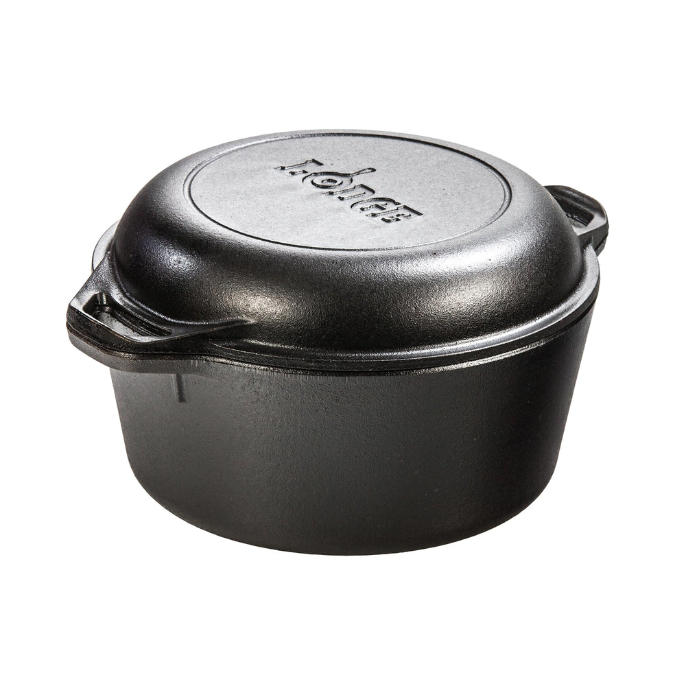 Lodge front view of 5-quart double dutch oven showing durable design and versatility