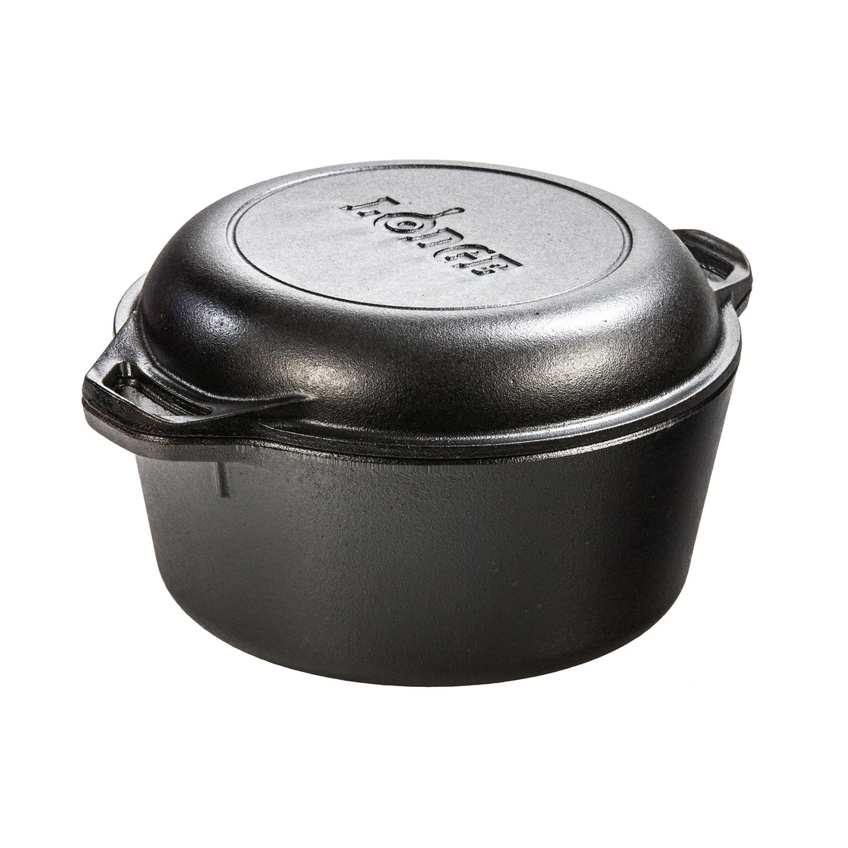 Lodge front view of 5-quart double dutch oven showing durable design and versatility
