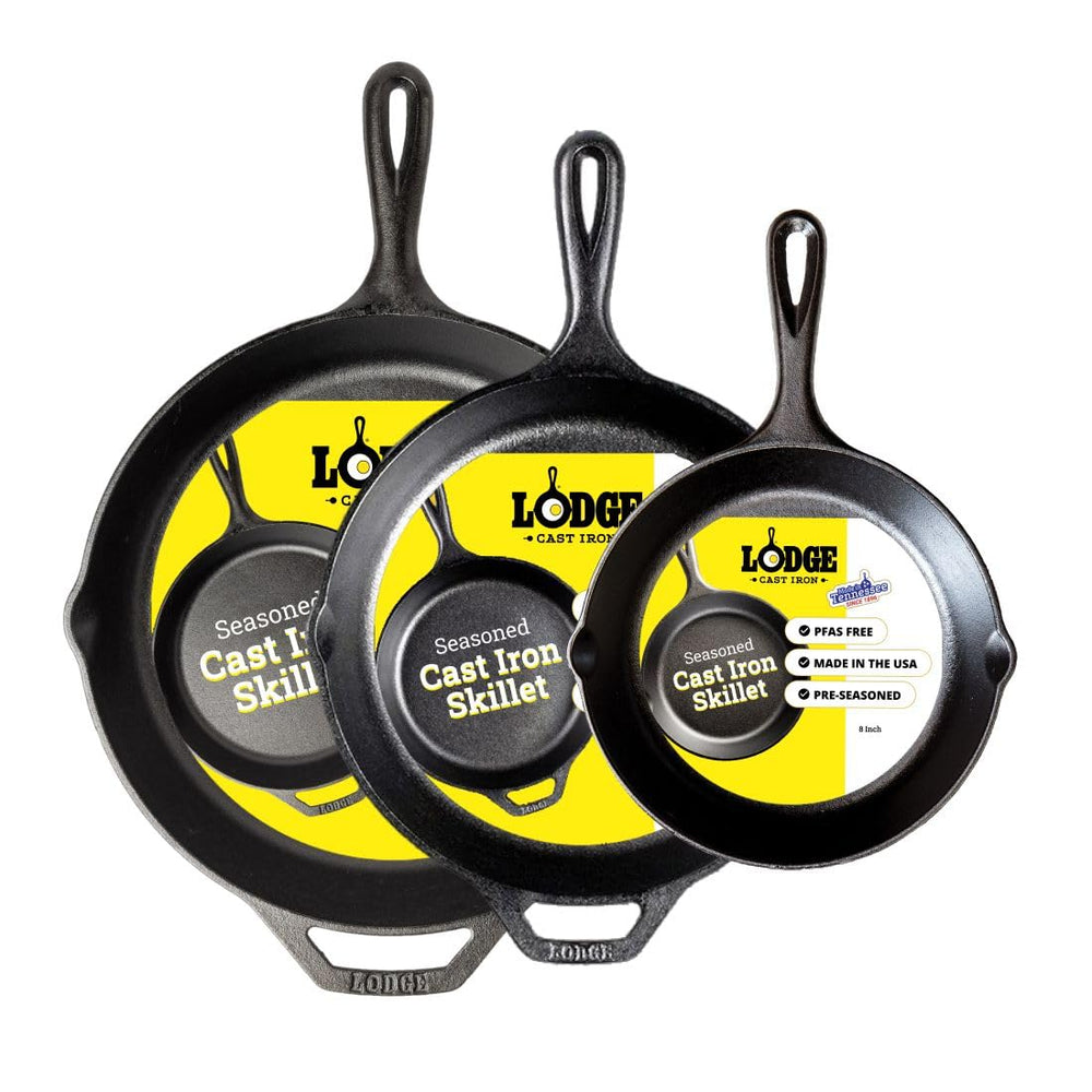 Lodge front view of three skillets showing size variety and ready-to-use cleanup benefit