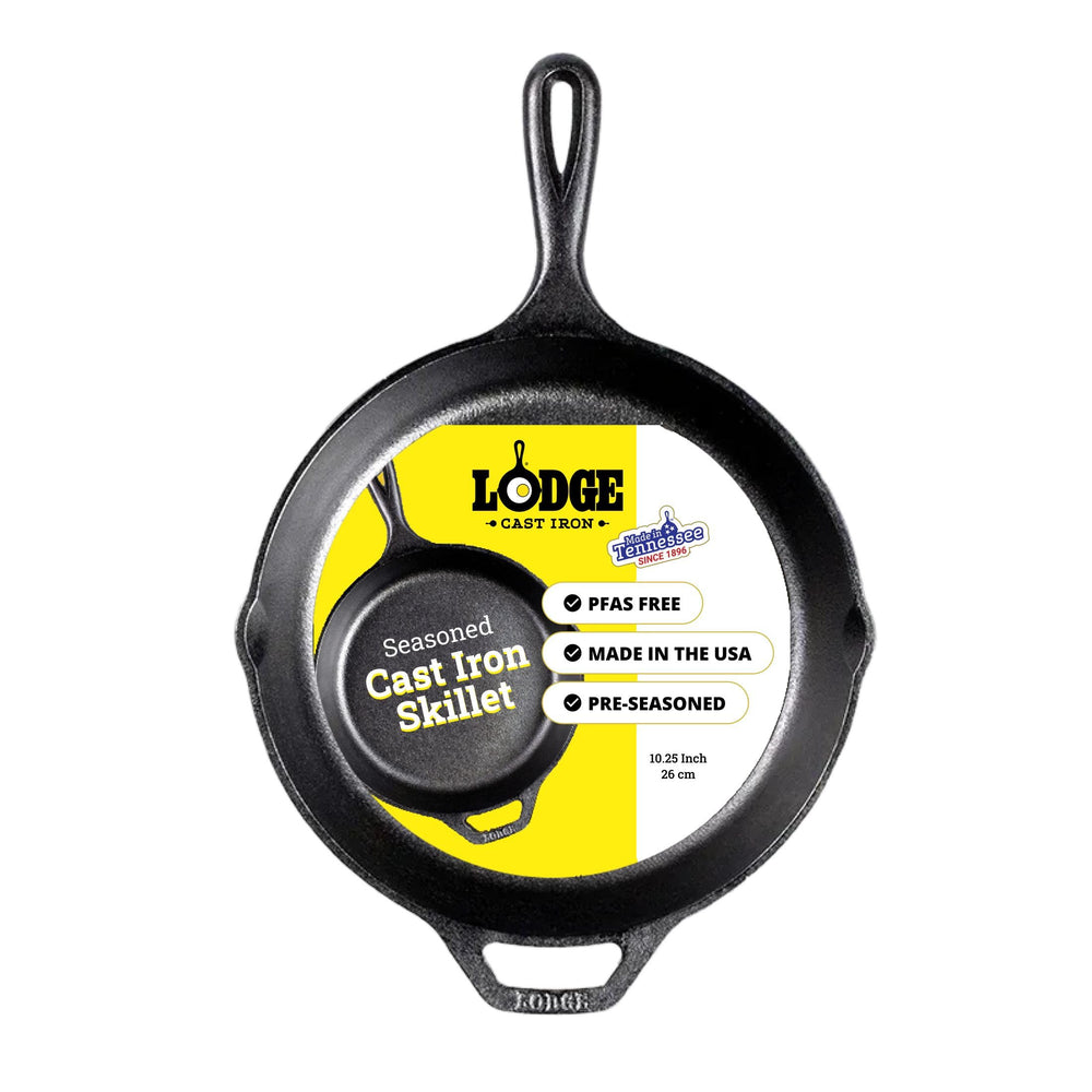 Lodge front view of 10.25-inch skillet showing shape and ready-to-use finish