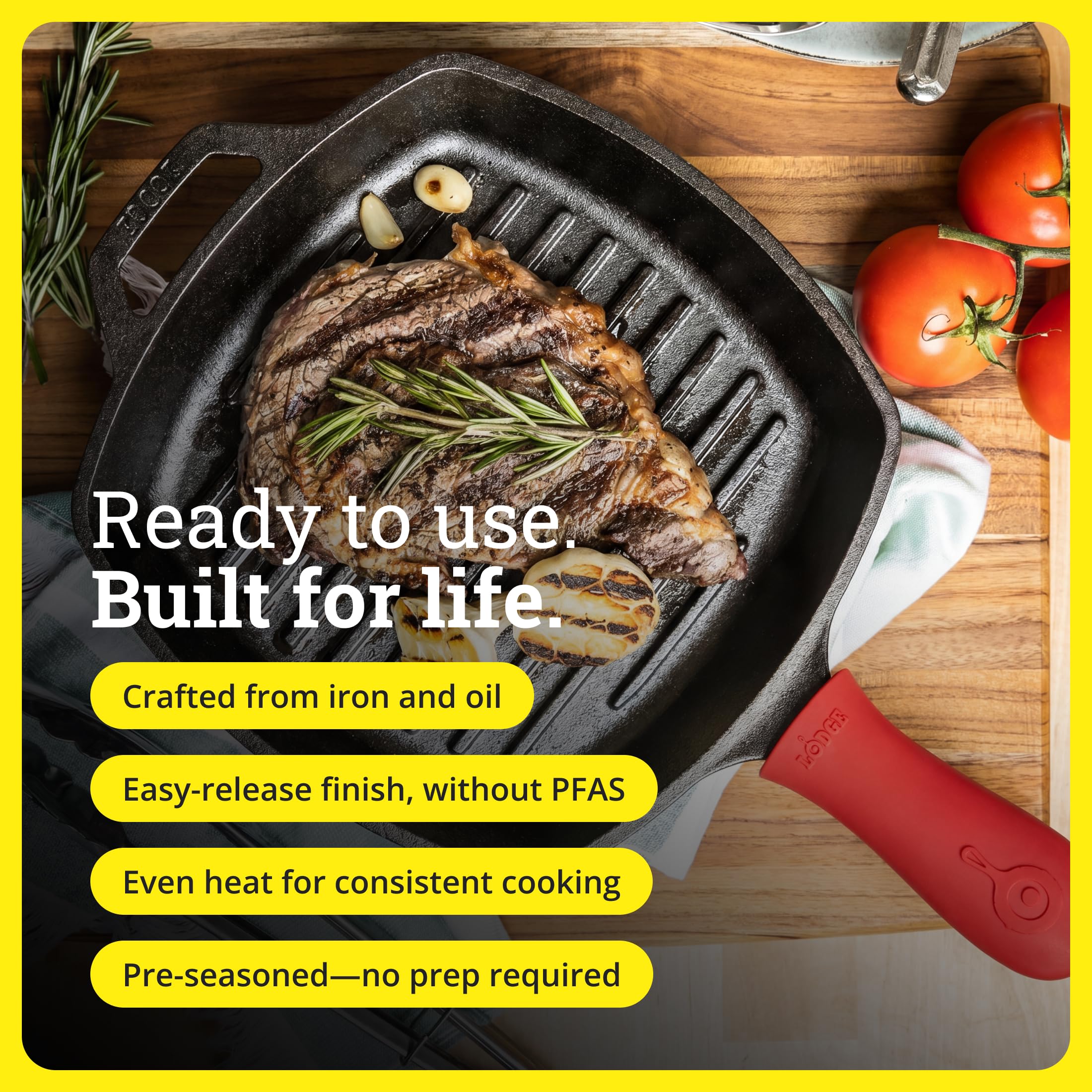 Lodge searing steak on stovetop in grill pan highlighting high-heat browning performance
