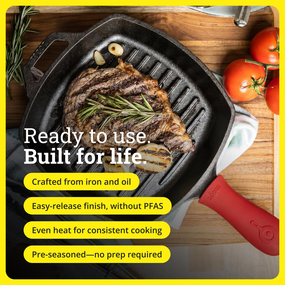 Lodge searing steak on stovetop in grill pan highlighting high-heat browning performance