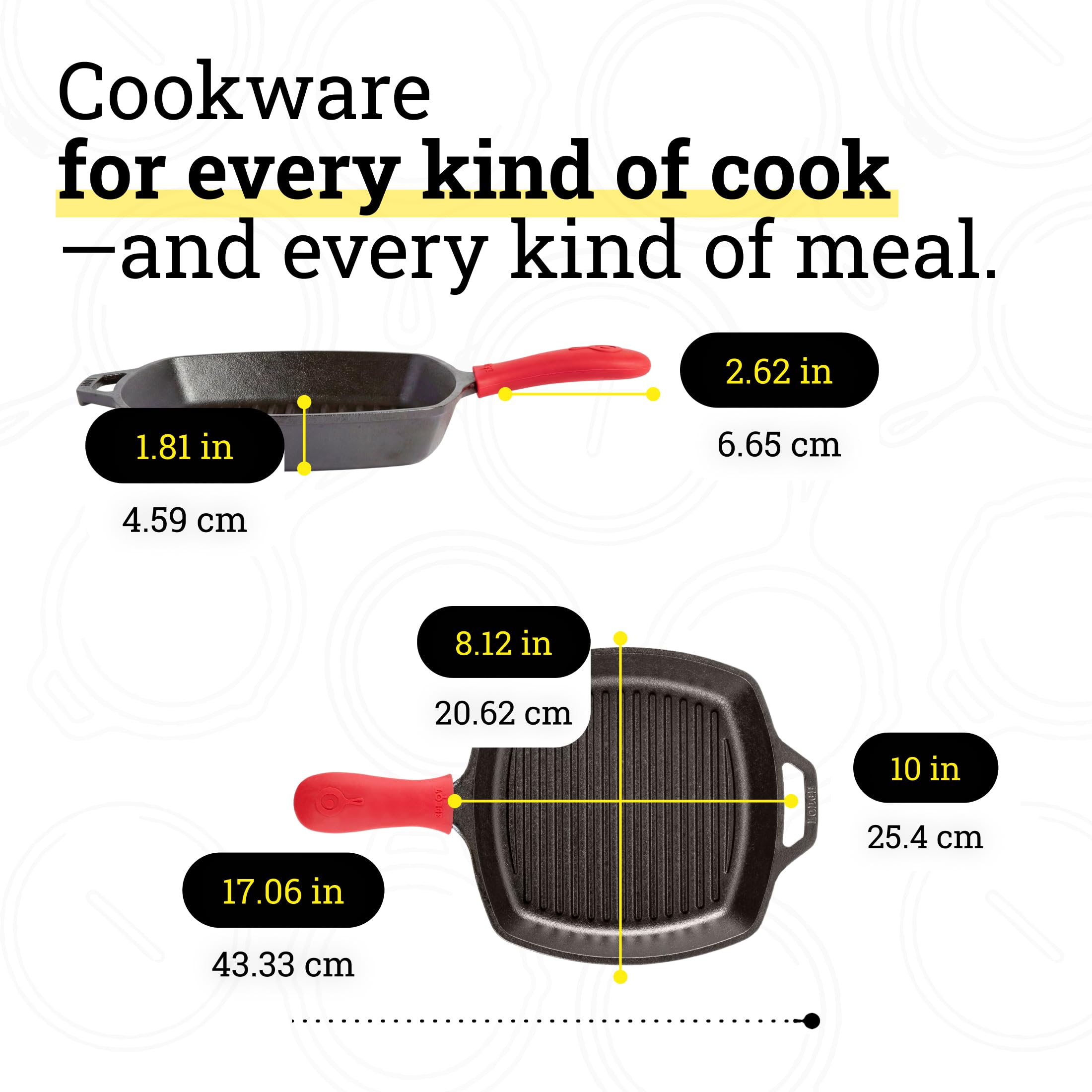 Lodge pan next to utensils for size comparison showing compact footprint and capacity