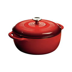 Lodge Dutch oven front view showing Island Spice Red color and cream interior for stylish serving