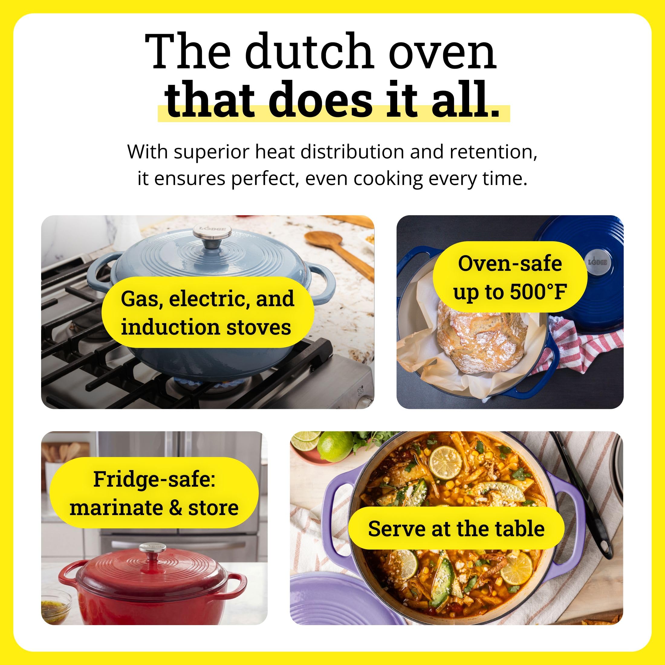 Lodge Dutch oven on stovetop cooking stew with even heat distribution for slow-cooked meals