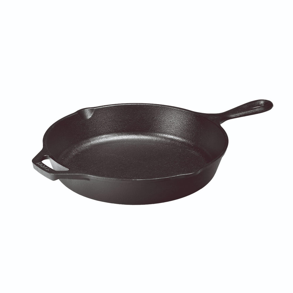 Lodge side profile showing dual pouring spouts for easy grease removal