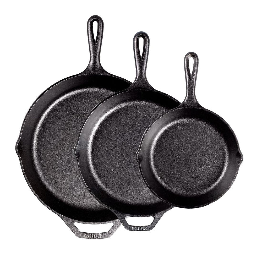 Lodge size comparison 8, 10.25, 12 inch skillets showing portion control benefit