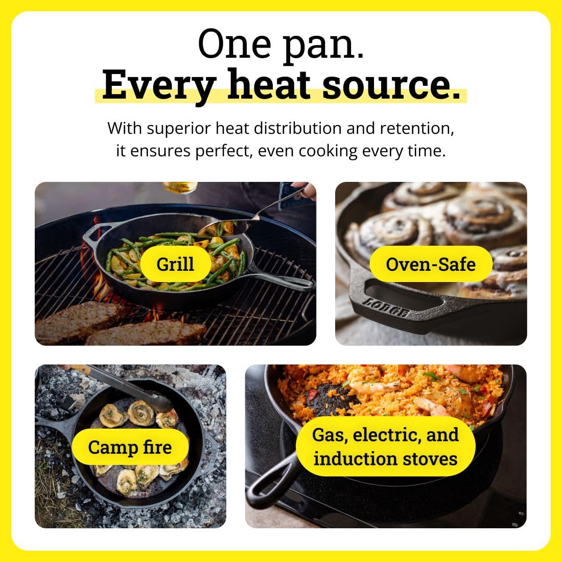Lodge skillet frying eggs showing even heat and effortless release benefit